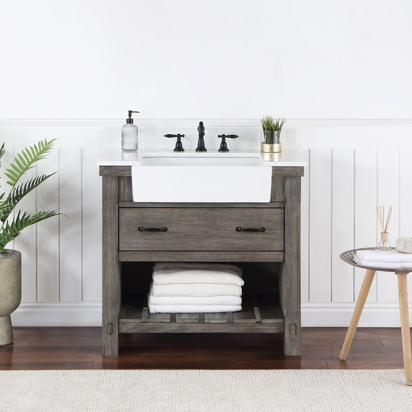 Villareal 36" Single Vanity in Classical Grey with Composite Stone Top in White, White Farmhouse Basin