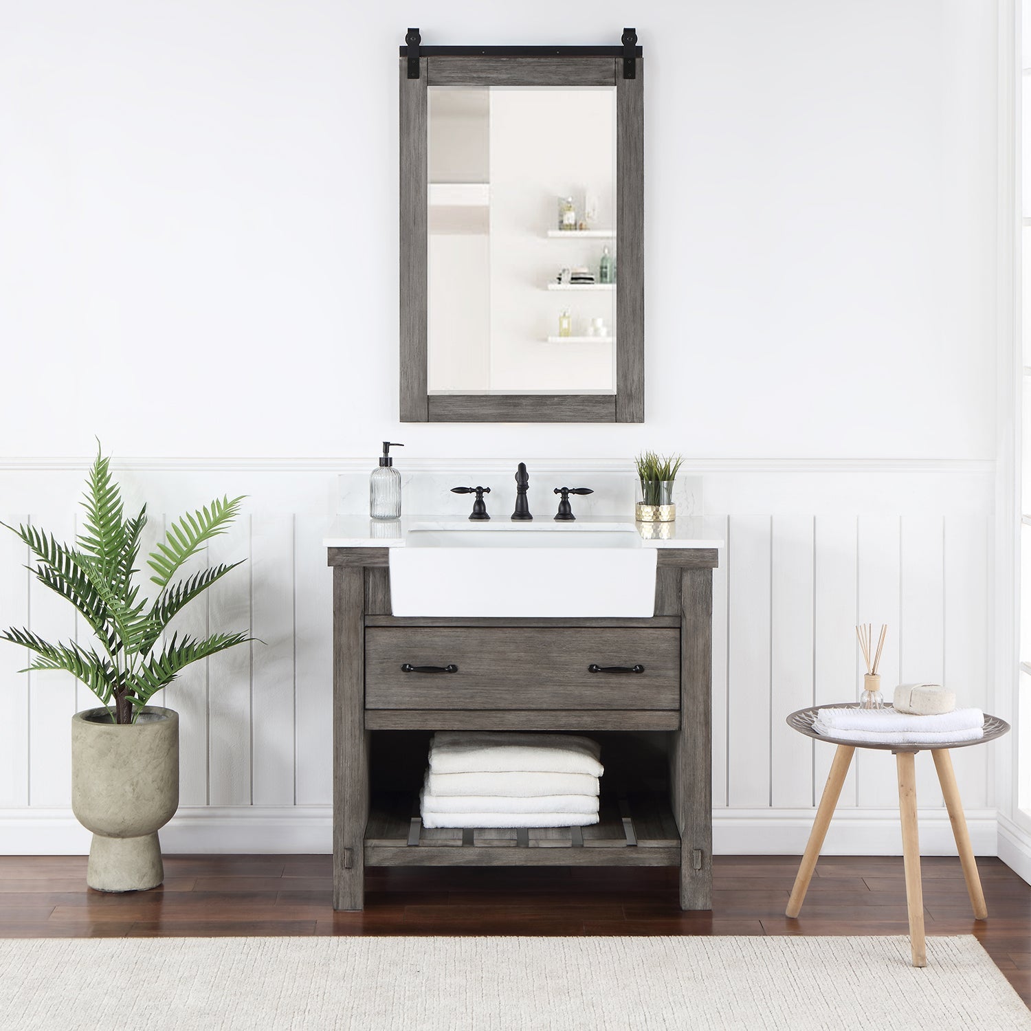 Villareal 36" Single Vanity in Classical Grey with Composite Stone Top in White, White Farmhouse Basin