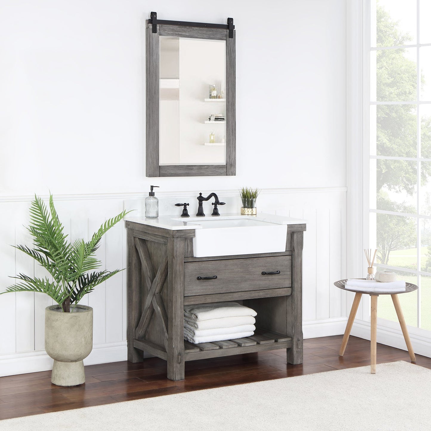 Villareal 36" Single Vanity in Classical Grey with Composite Stone Top in White, White Farmhouse Basin