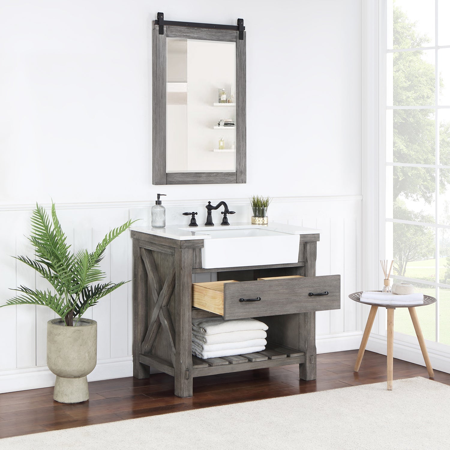 Villareal 36" Single Vanity in Classical Grey with Composite Stone Top in White, White Farmhouse Basin