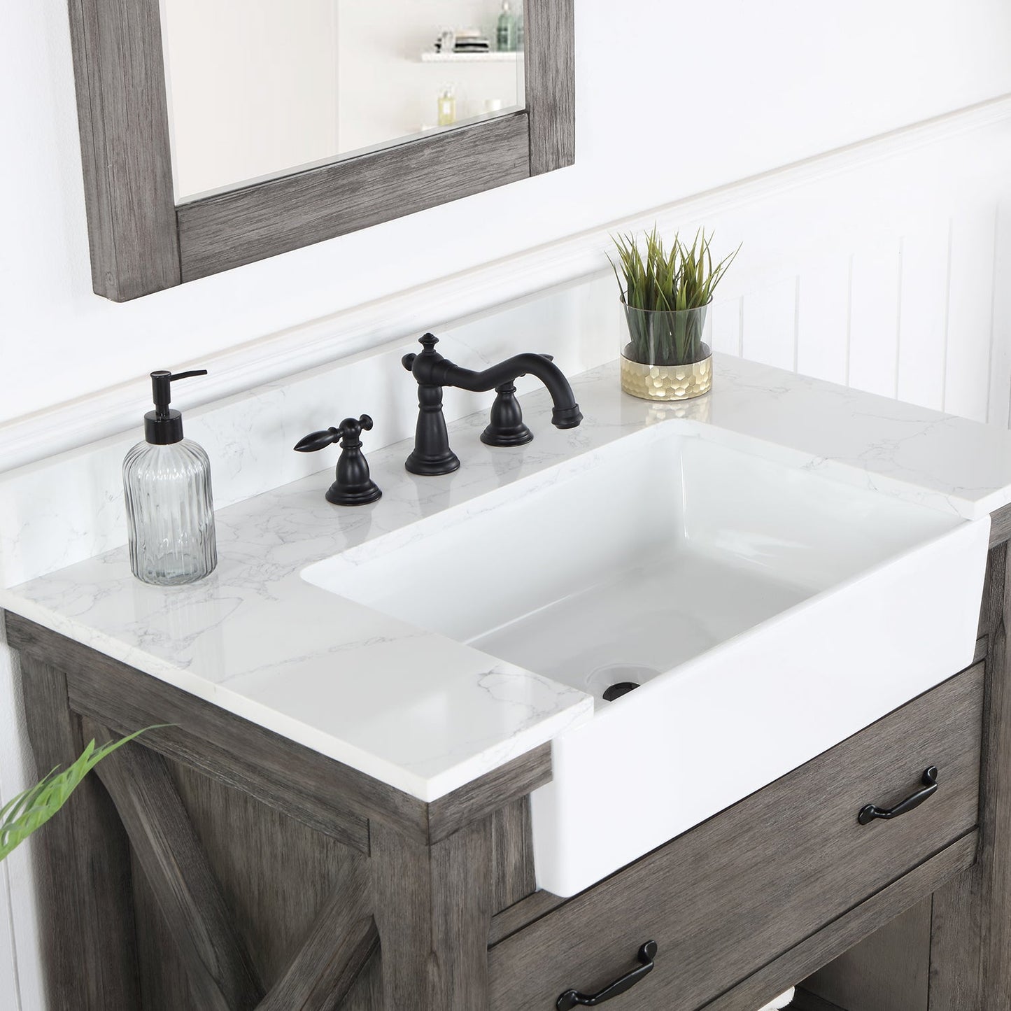 Villareal 36" Single Vanity in Classical Grey with Composite Stone Top in White, White Farmhouse Basin