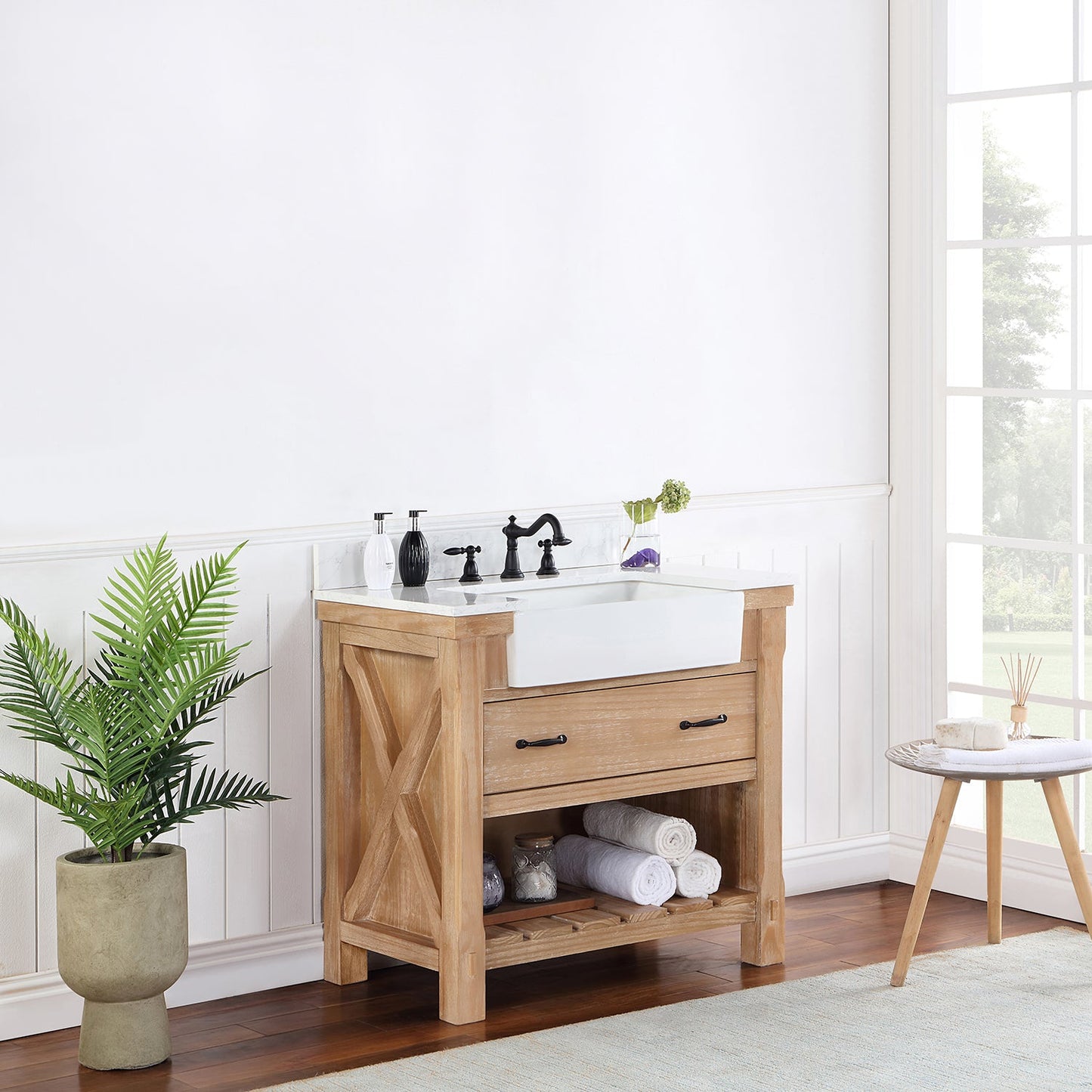 Villareal 36" Single Vanity in Weathered Pine with Composite Stone Top in White, White Farmhouse Basin