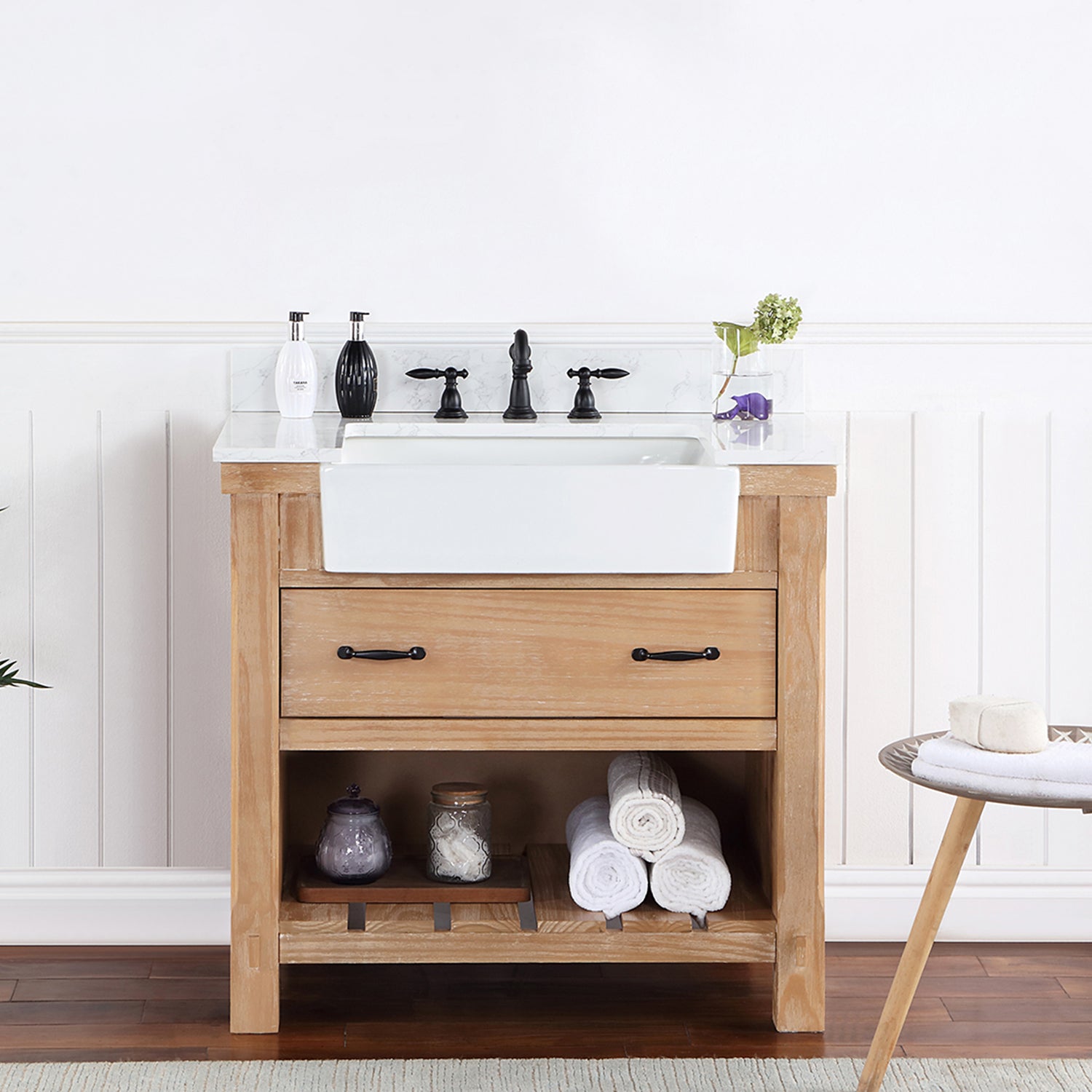 Villareal 36" Single Vanity in Weathered Pine with Composite Stone Top in White, White Farmhouse Basin