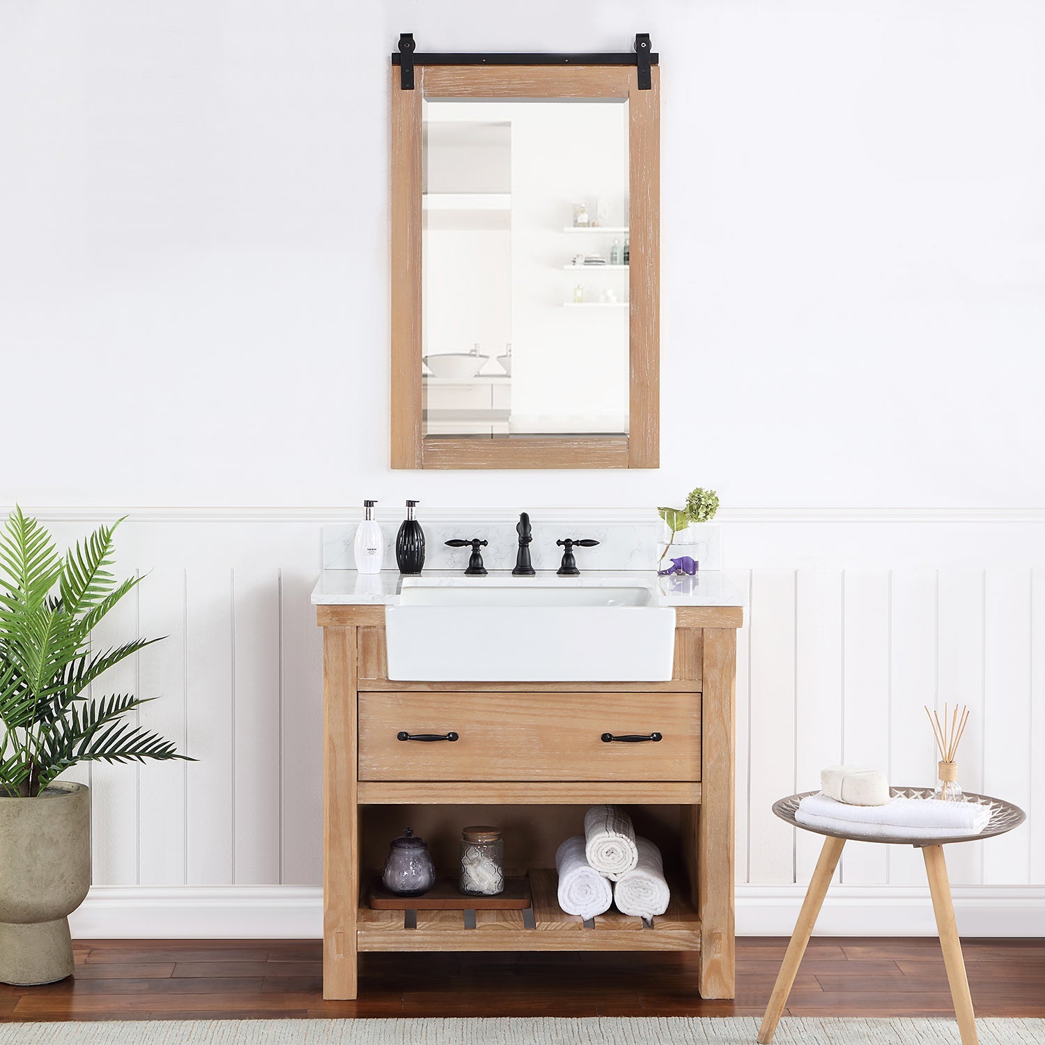 Villareal 36" Single Vanity in Weathered Pine with Composite Stone Top in White, White Farmhouse Basin