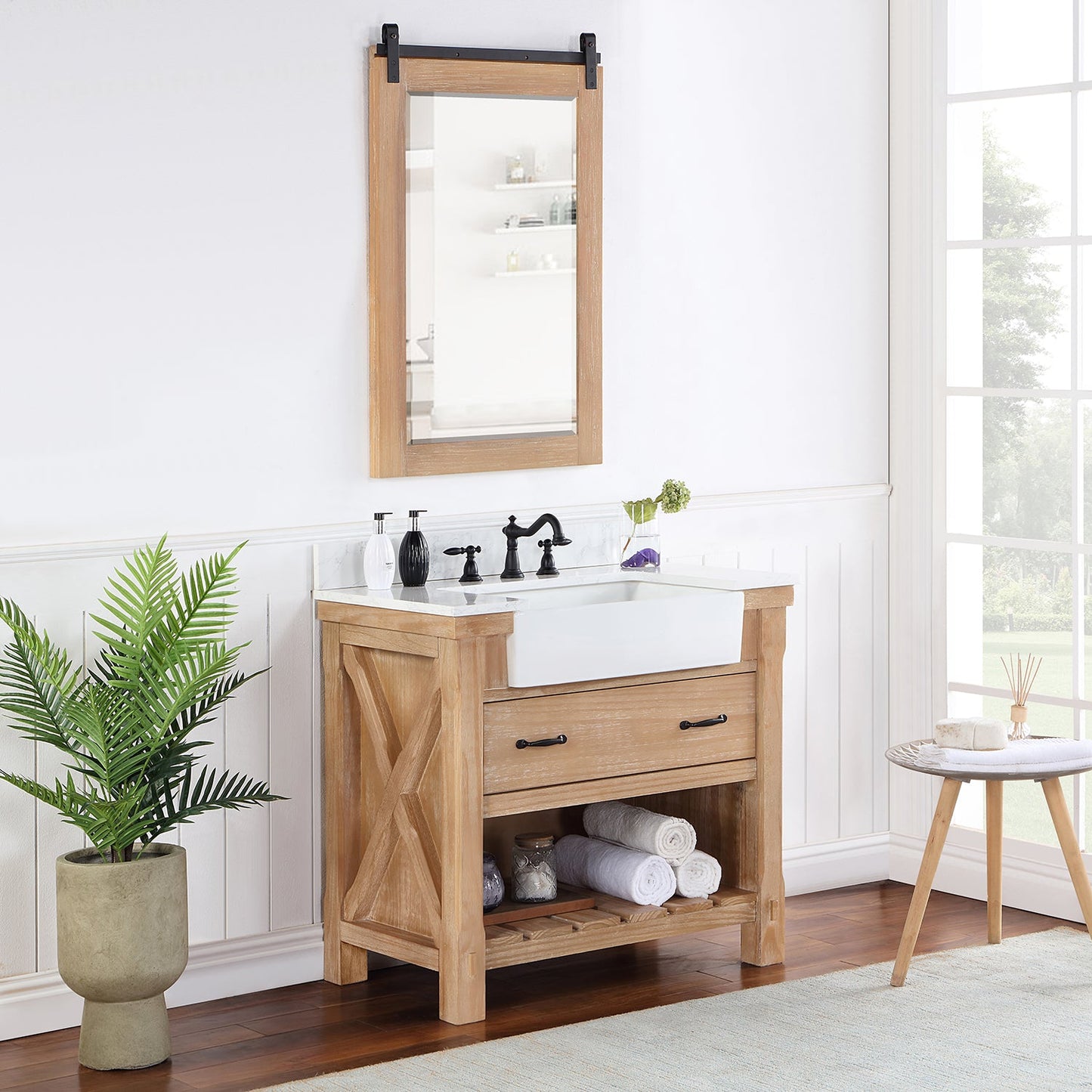 Villareal 36" Single Vanity in Weathered Pine with Composite Stone Top in White, White Farmhouse Basin