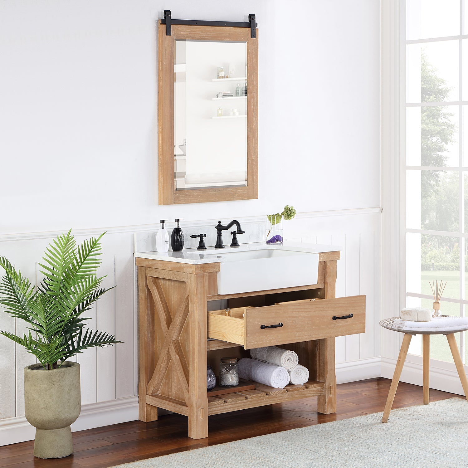 Villareal 36" Single Vanity in Weathered Pine with Composite Stone Top in White, White Farmhouse Basin