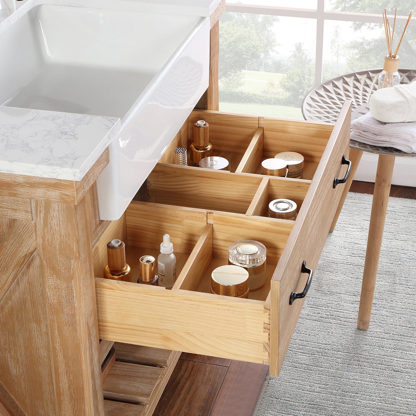 Villareal 36" Single Vanity in Weathered Pine with Composite Stone Top in White, White Farmhouse Basin