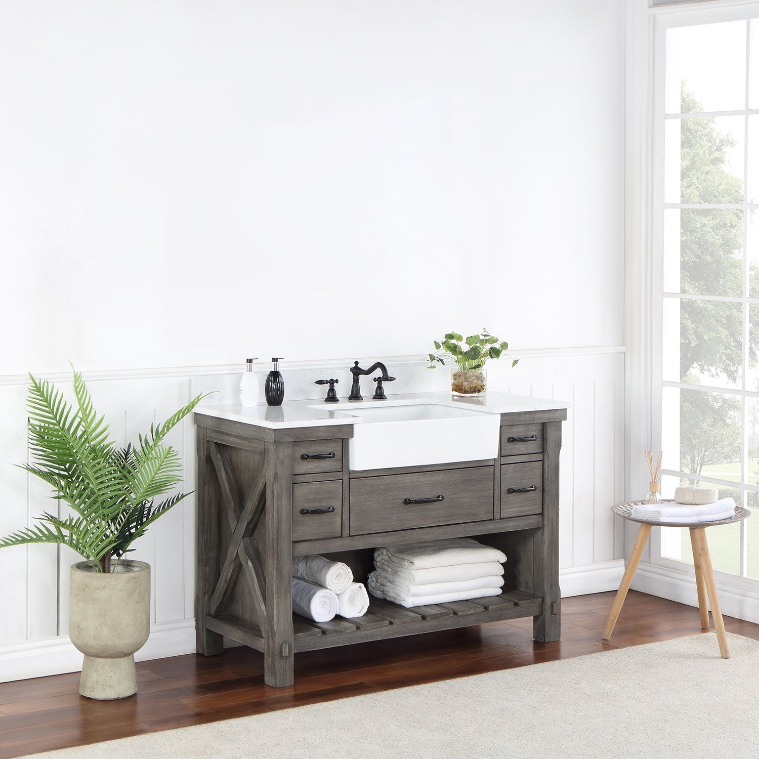 Villareal 48" Single Vanity in Classical Grey with Composite Stone Top in White, White Farmhouse Basin