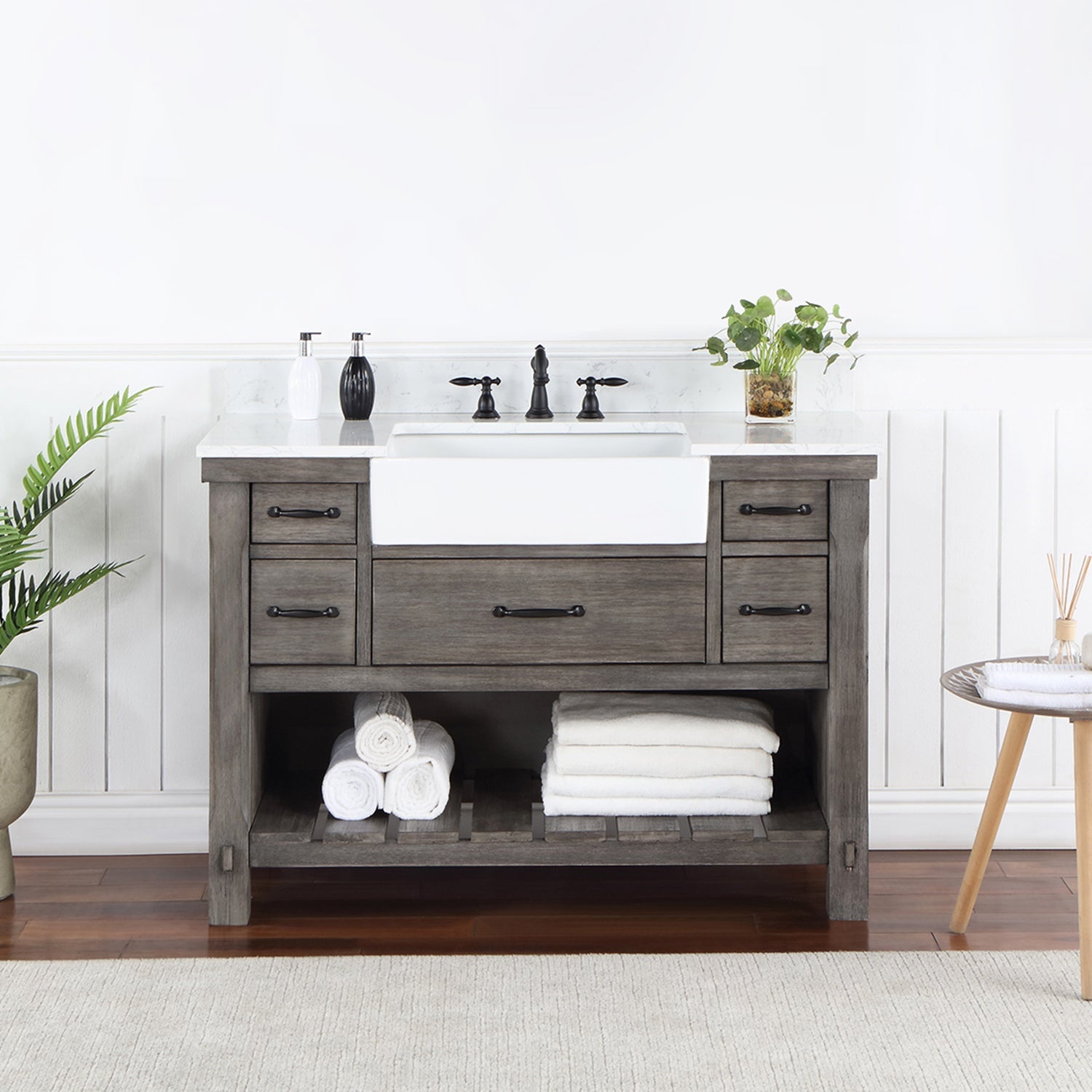 Villareal 48" Single Vanity in Classical Grey with Composite Stone Top in White, White Farmhouse Basin