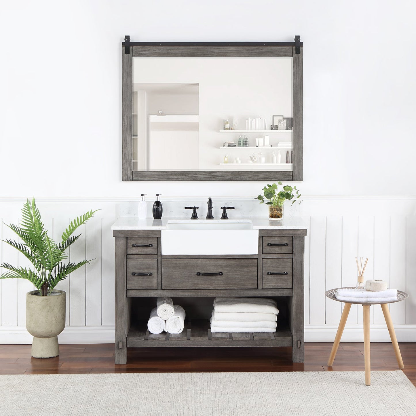 Villareal 48" Single Vanity in Classical Grey with Composite Stone Top in White, White Farmhouse Basin