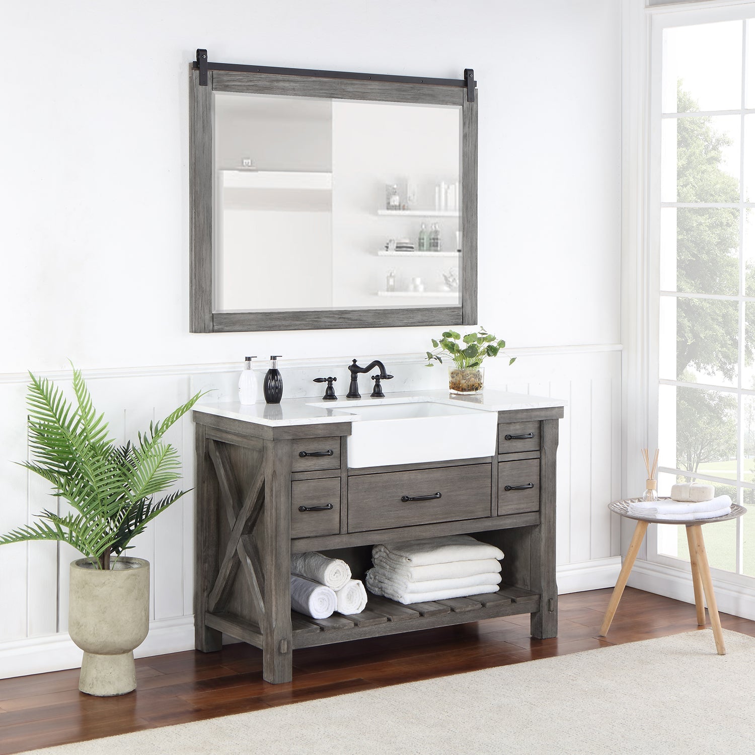 Villareal 48" Single Vanity in Classical Grey with Composite Stone Top in White, White Farmhouse Basin