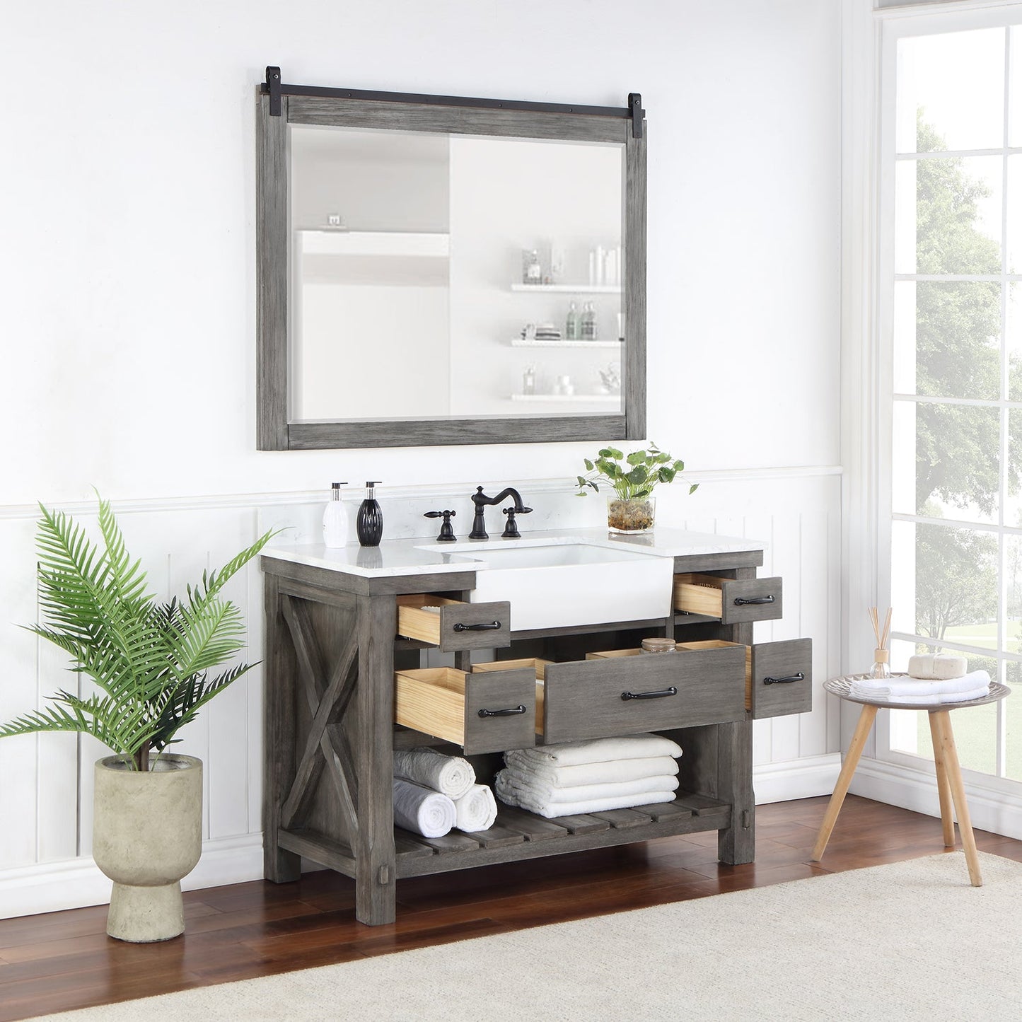 Villareal 48" Single Vanity in Classical Grey with Composite Stone Top in White, White Farmhouse Basin