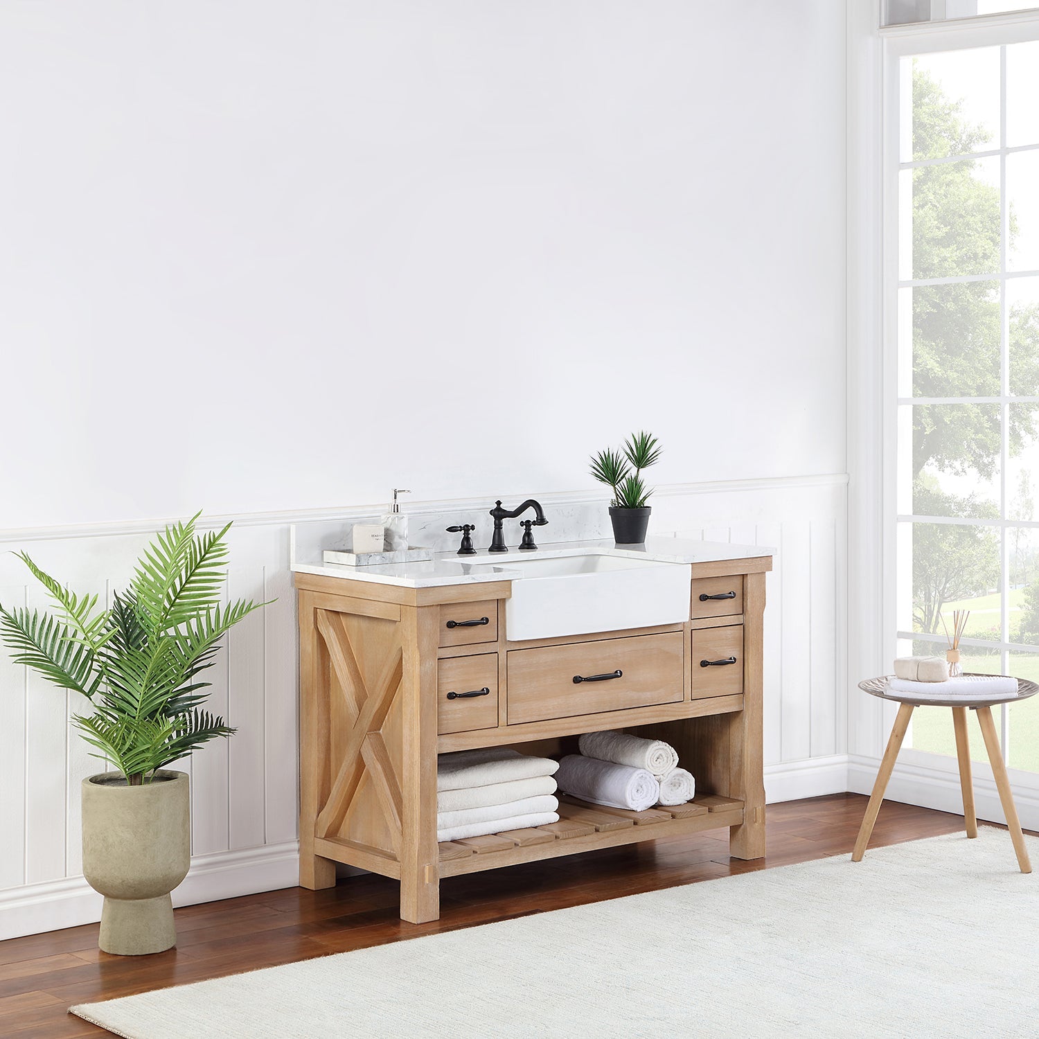 Villareal 48" Single Vanity in Weathered Pine with Composite Stone Top in White, White Farmhouse Basin