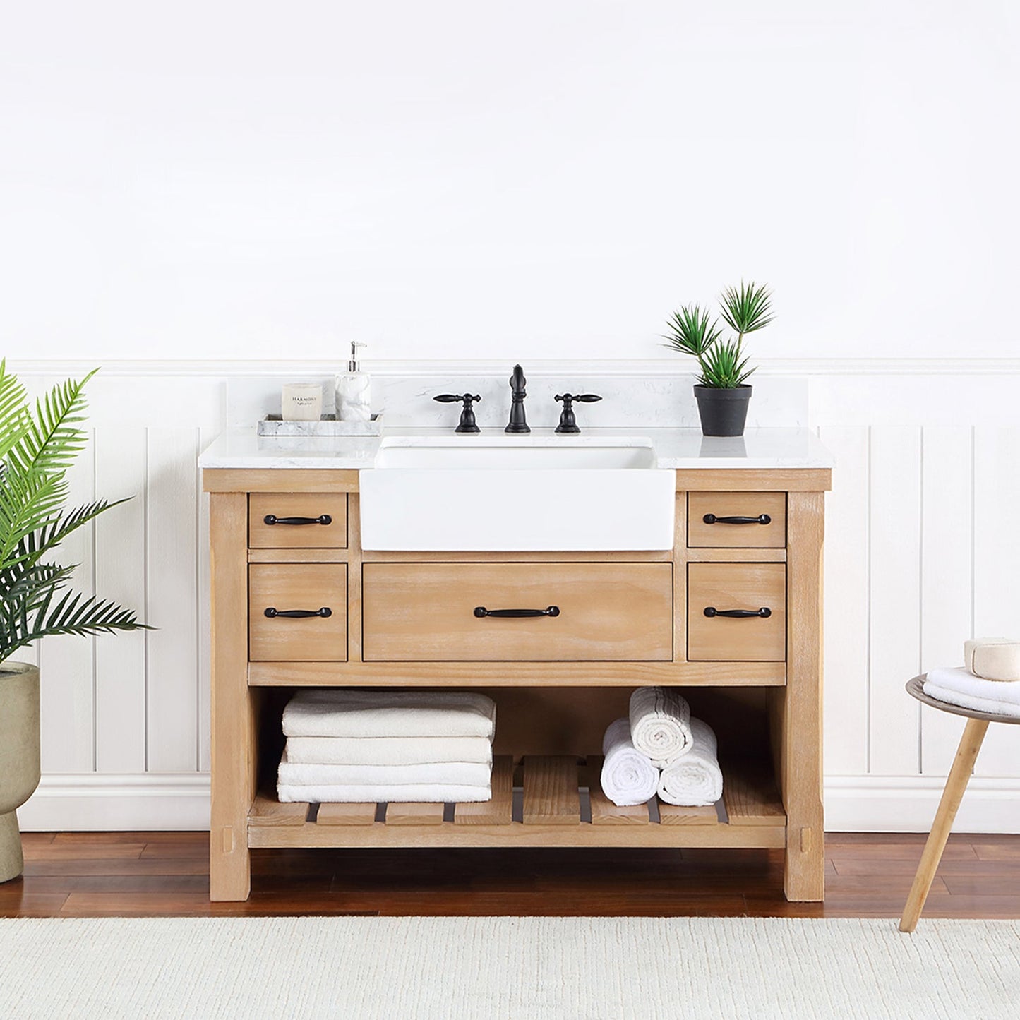 Villareal 48" Single Vanity in Weathered Pine with Composite Stone Top in White, White Farmhouse Basin