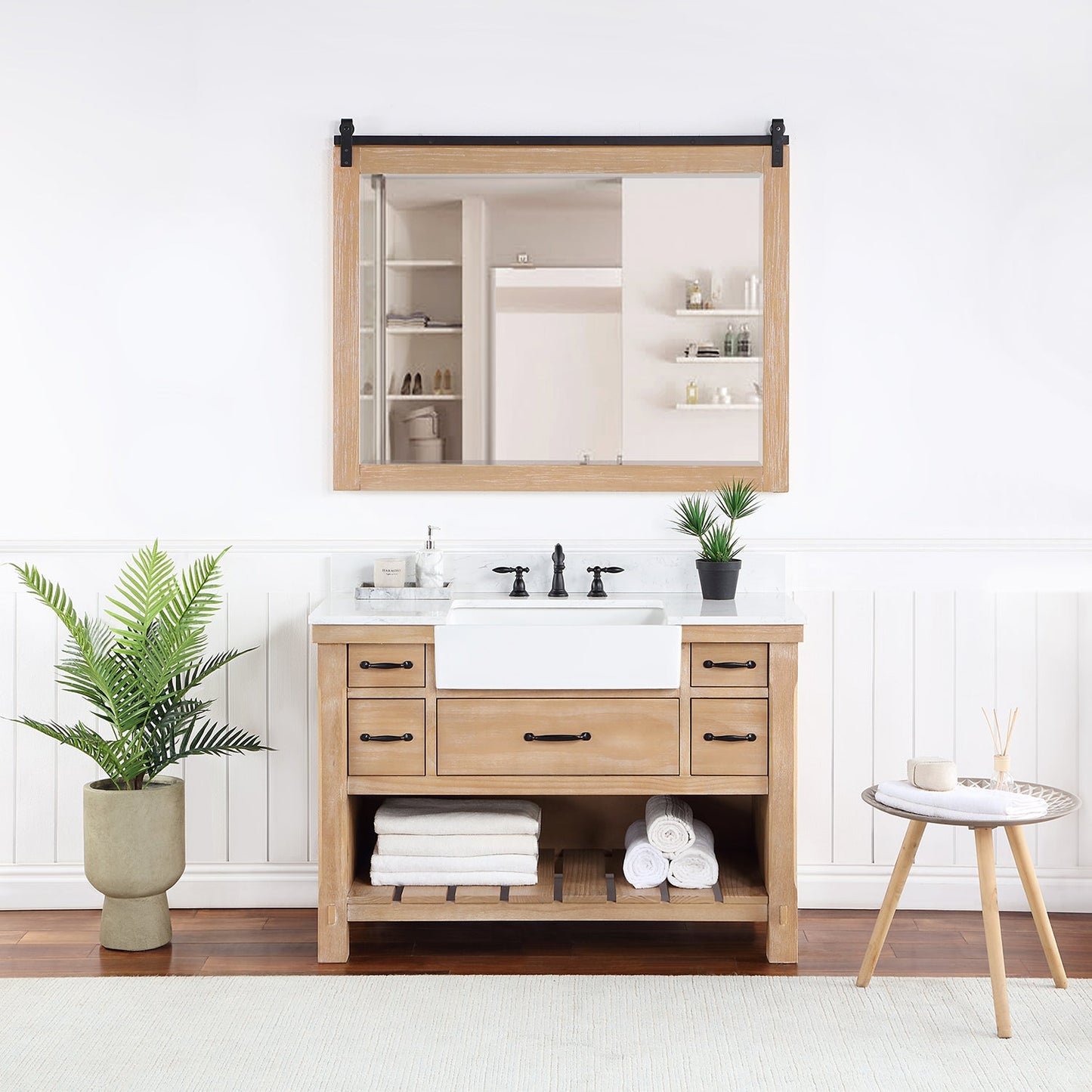 Villareal 48" Single Vanity in Weathered Pine with Composite Stone Top in White, White Farmhouse Basin