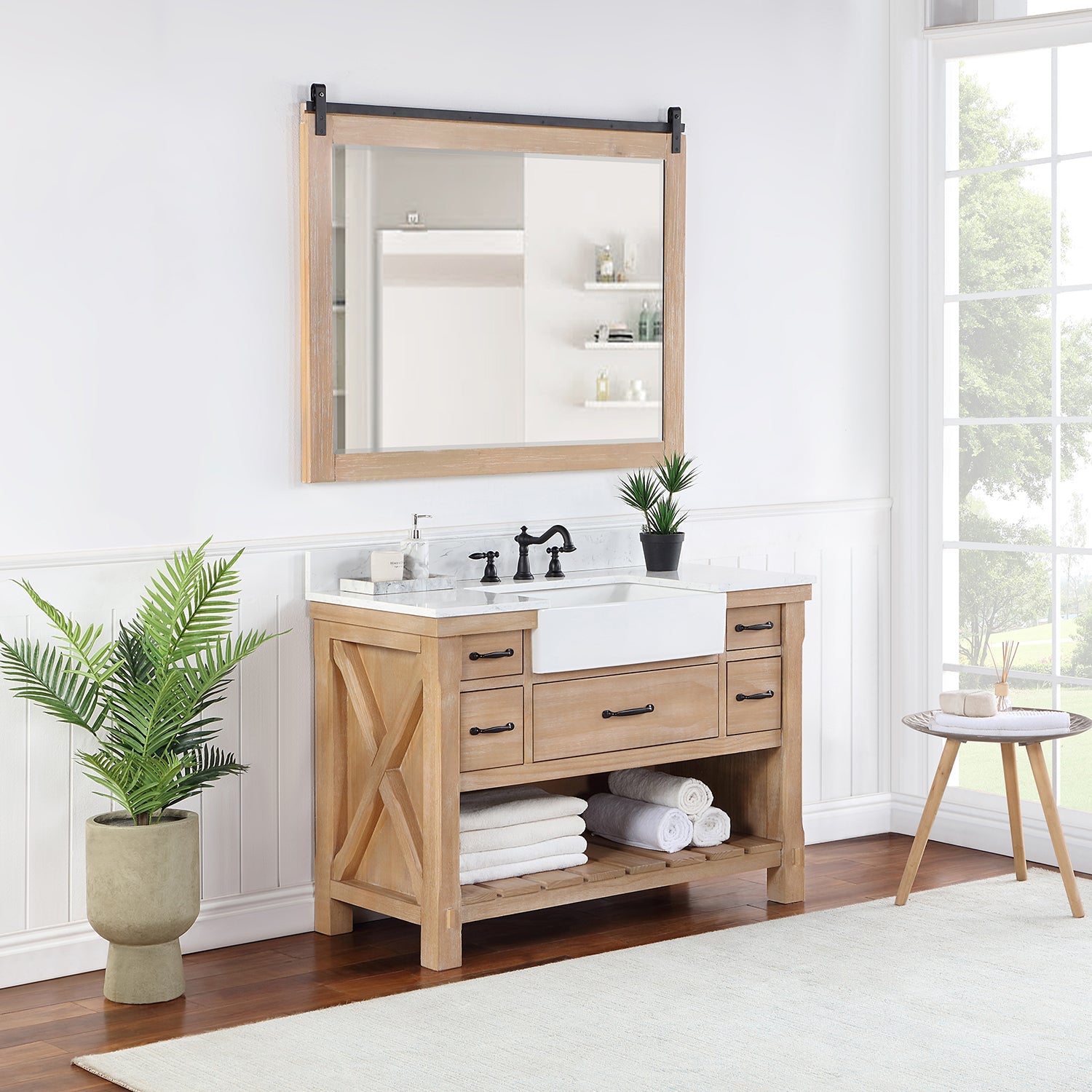 Villareal 48" Single Vanity in Weathered Pine with Composite Stone Top in White, White Farmhouse Basin