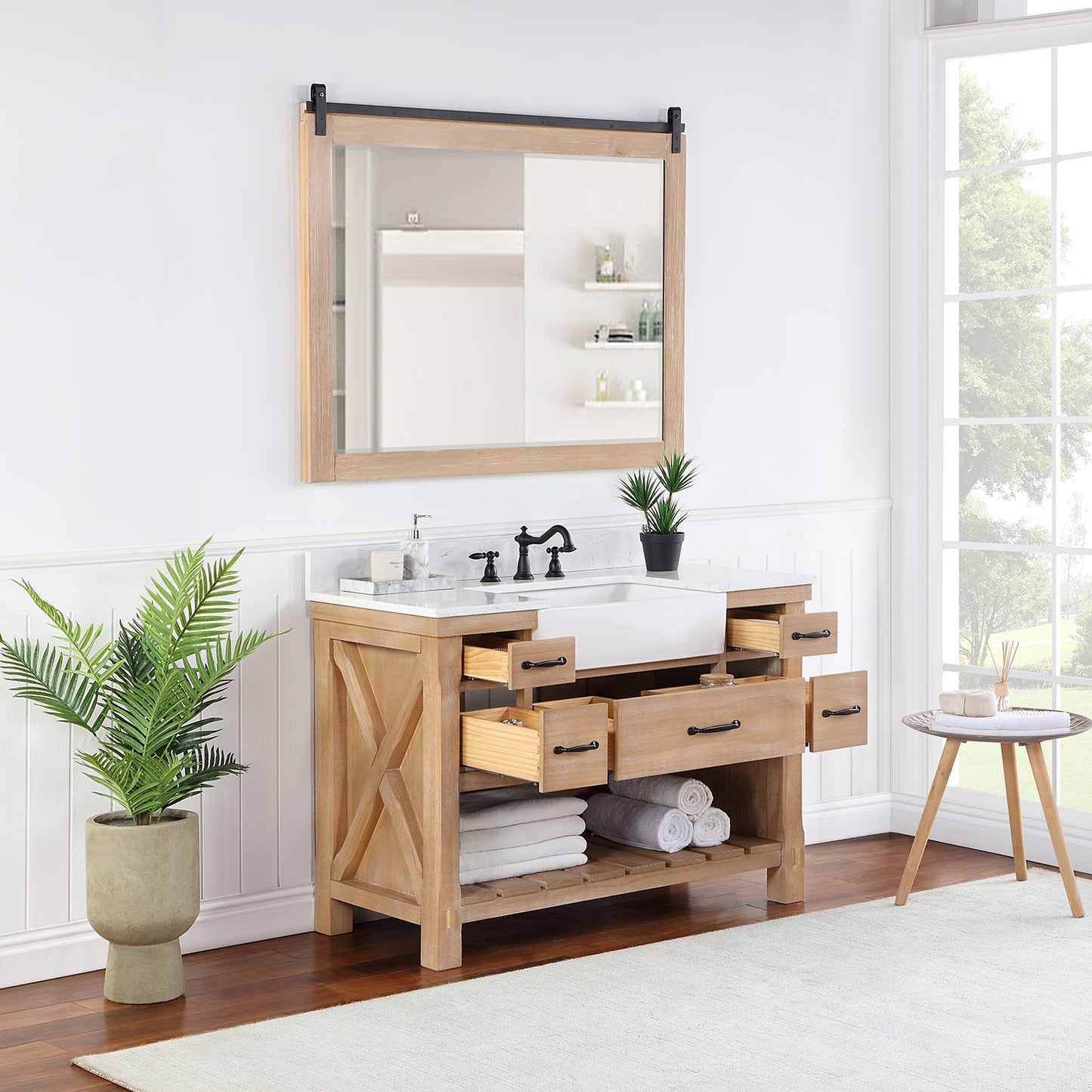 Villareal 48" Single Vanity in Weathered Pine with Composite Stone Top in White, White Farmhouse Basin