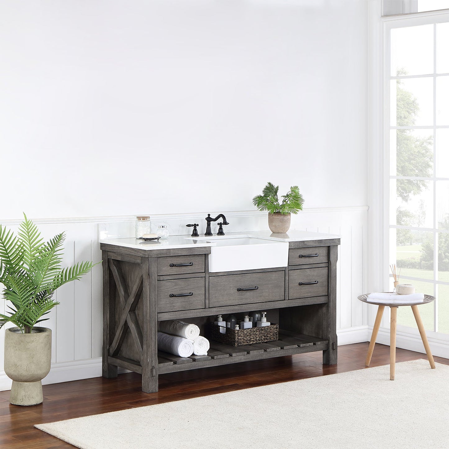 Villareal 60" Single Vanity in Classical Grey with Composite Stone Top in White, White Farmhouse Basin