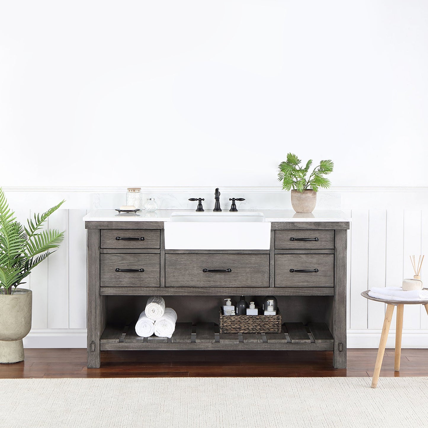 Villareal 60" Single Vanity in Classical Grey with Composite Stone Top in White, White Farmhouse Basin