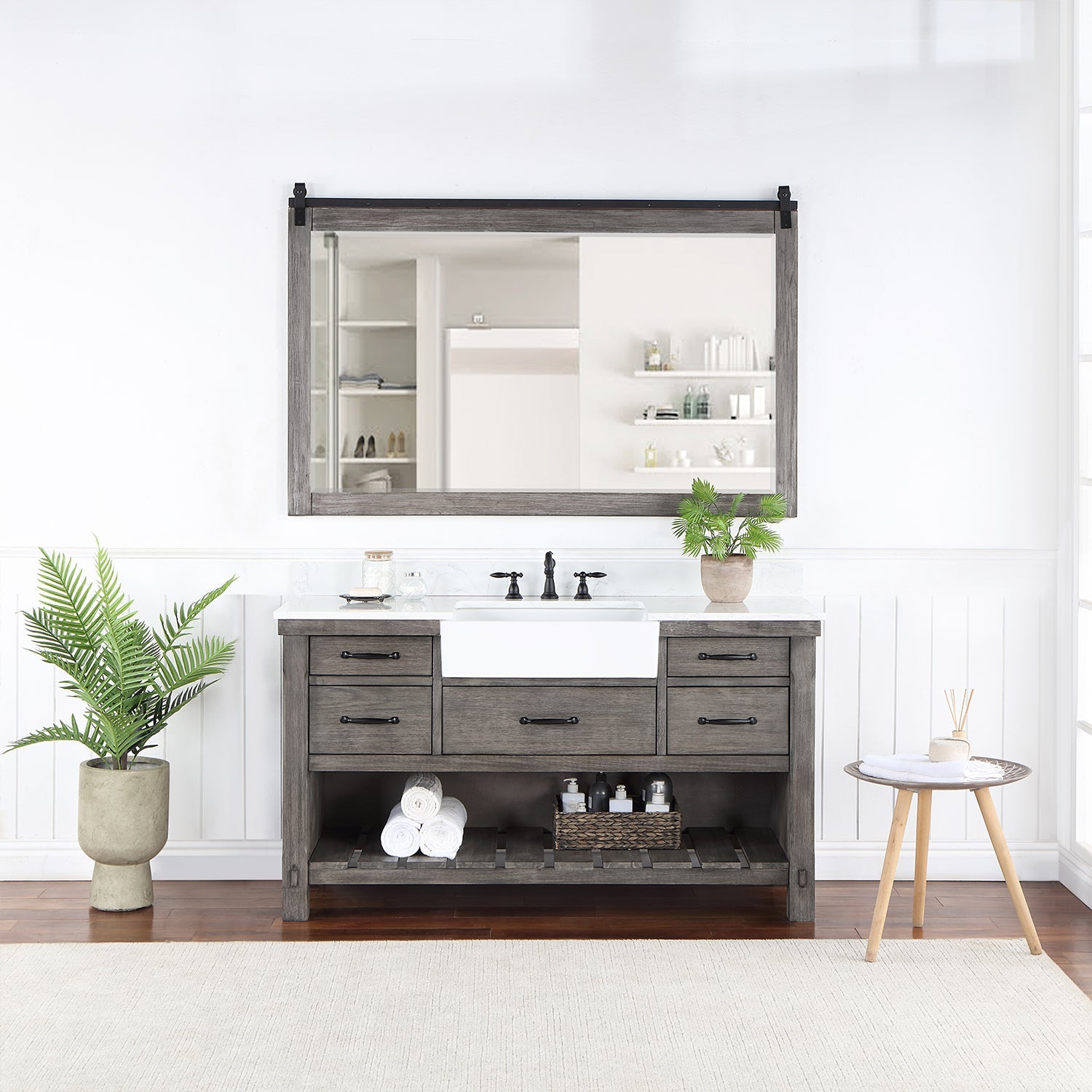 Villareal 60" Single Vanity in Classical Grey with Composite Stone Top in White, White Farmhouse Basin