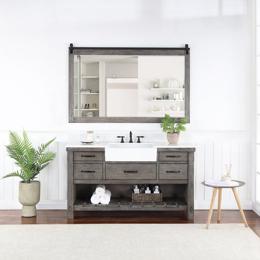 Villareal 60" Single Vanity in Classical Grey with Composite Stone Top in White, White Farmhouse Basin