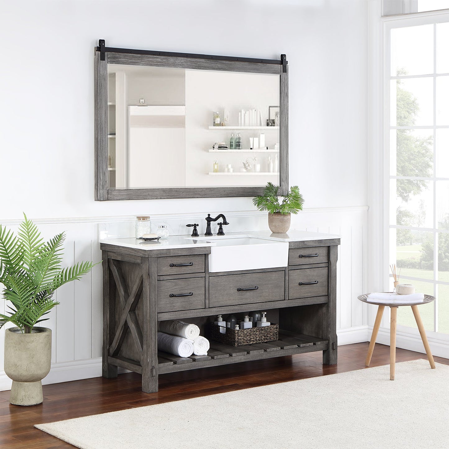 Villareal 60" Single Vanity in Classical Grey with Composite Stone Top in White, White Farmhouse Basin