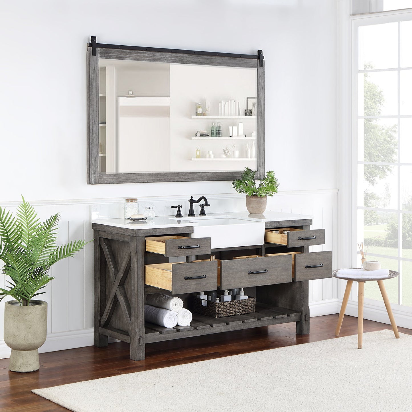 Villareal 60" Single Vanity in Classical Grey with Composite Stone Top in White, White Farmhouse Basin