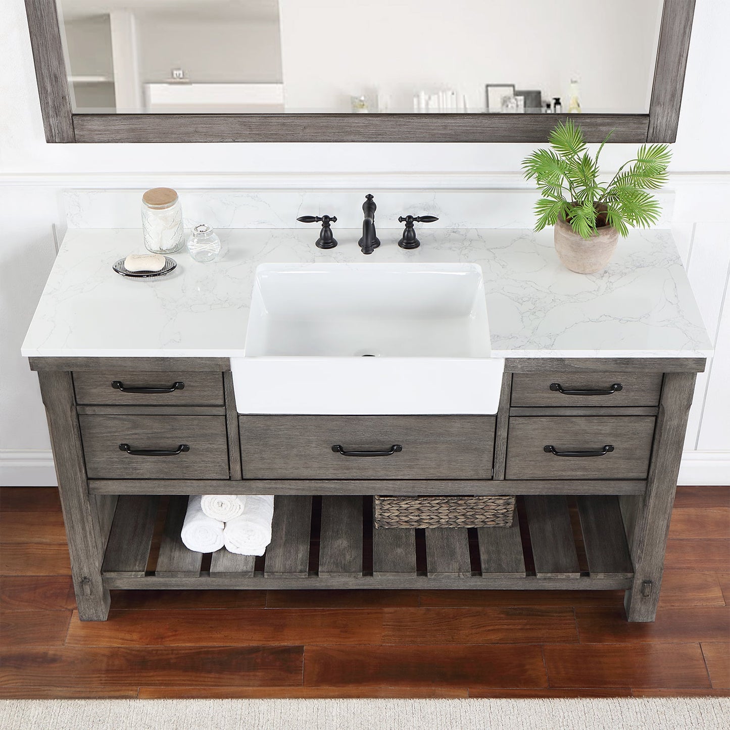 Villareal 60" Single Vanity in Classical Grey with Composite Stone Top in White, White Farmhouse Basin