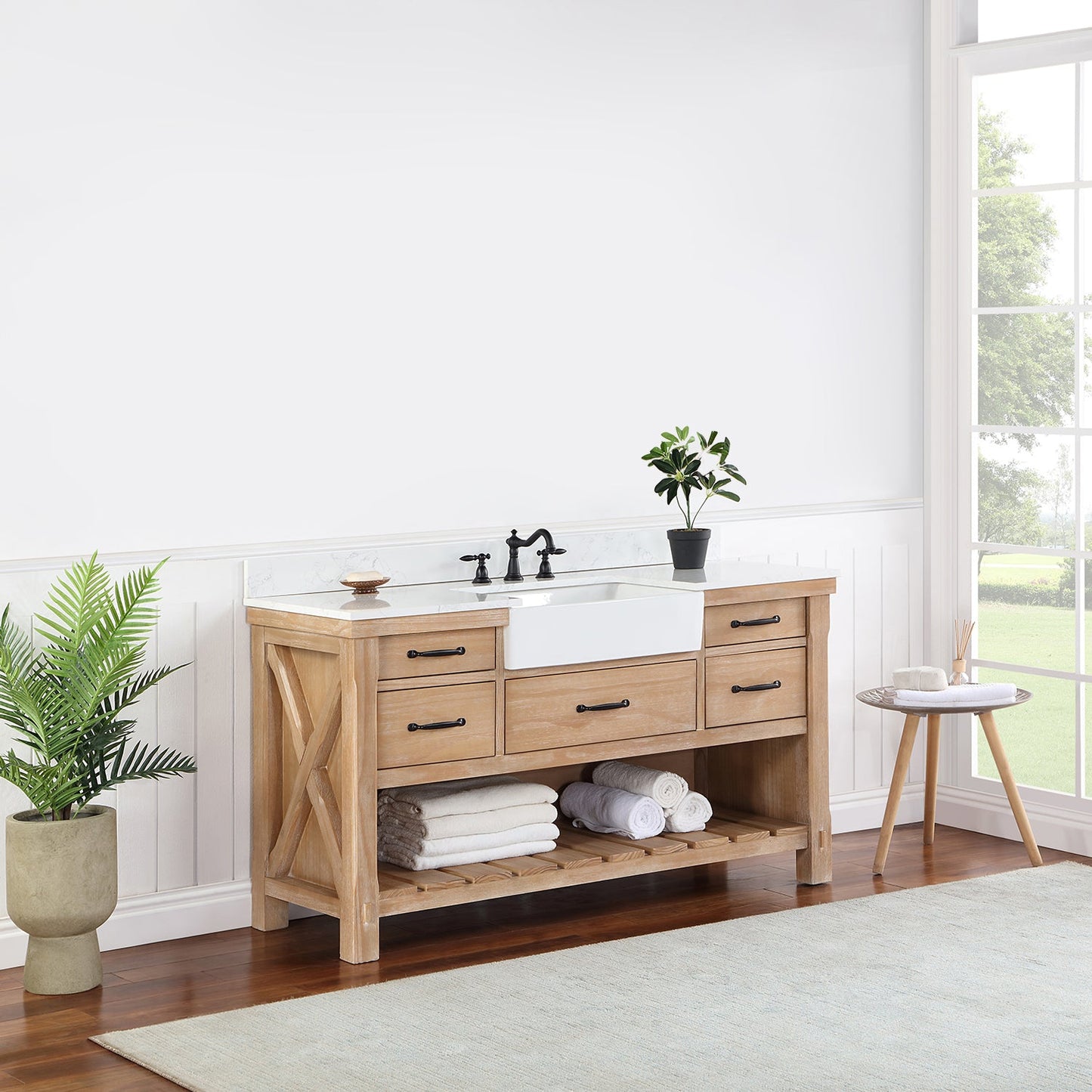 Villareal 60" Single Vanity in Weathered Pine with Composite Stone Top in White, White Farmhouse Basin