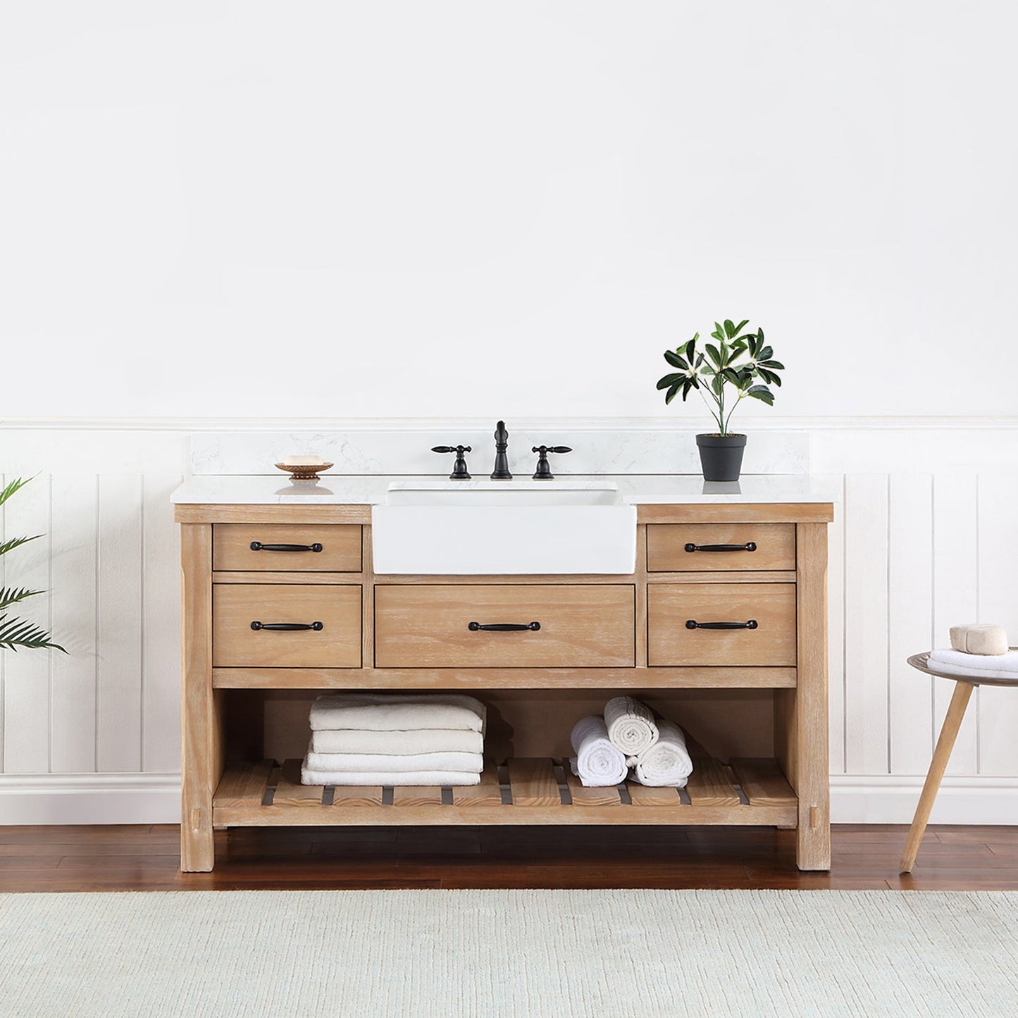 Villareal 60" Single Vanity in Weathered Pine with Composite Stone Top in White, White Farmhouse Basin