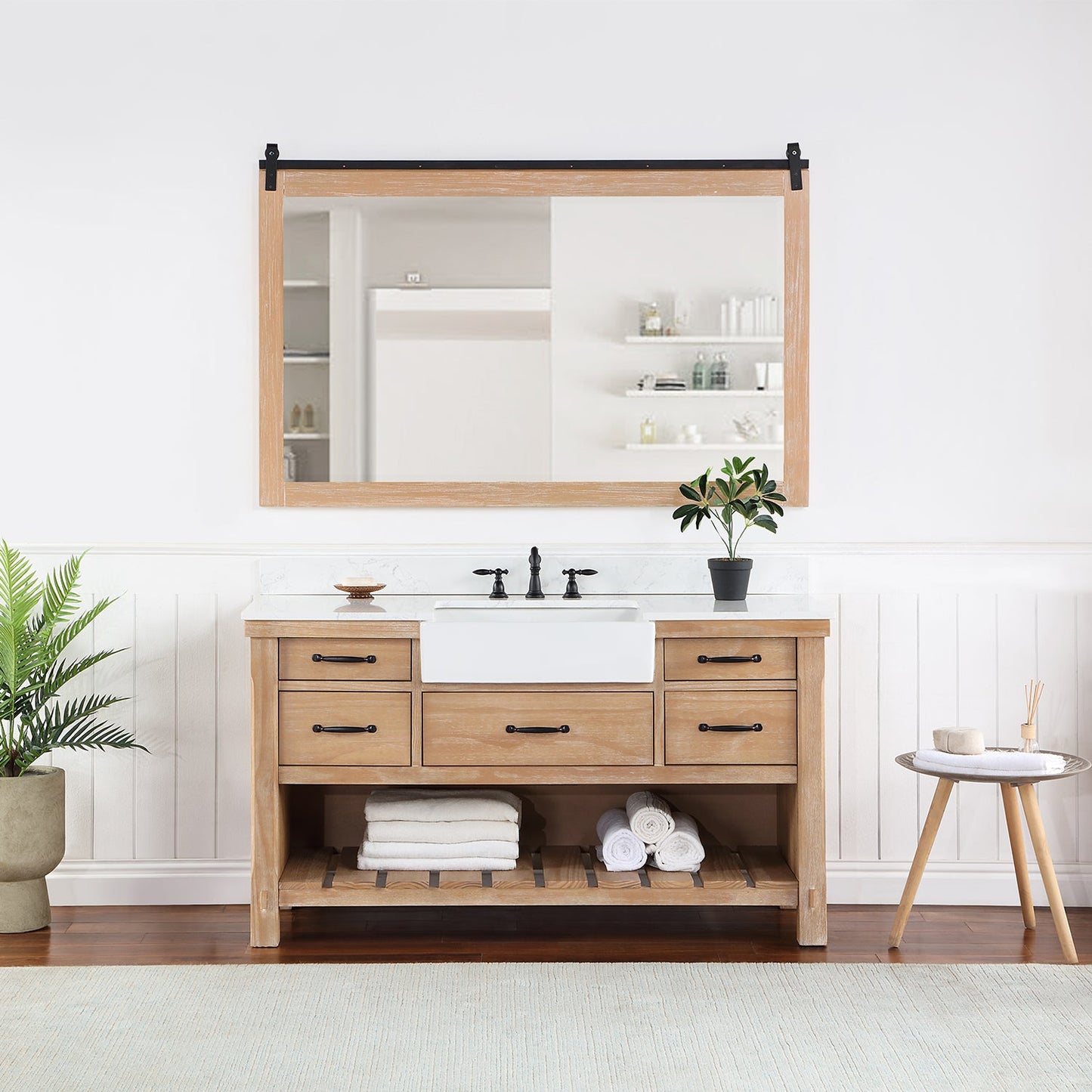 Villareal 60" Single Vanity in Weathered Pine with Composite Stone Top in White, White Farmhouse Basin