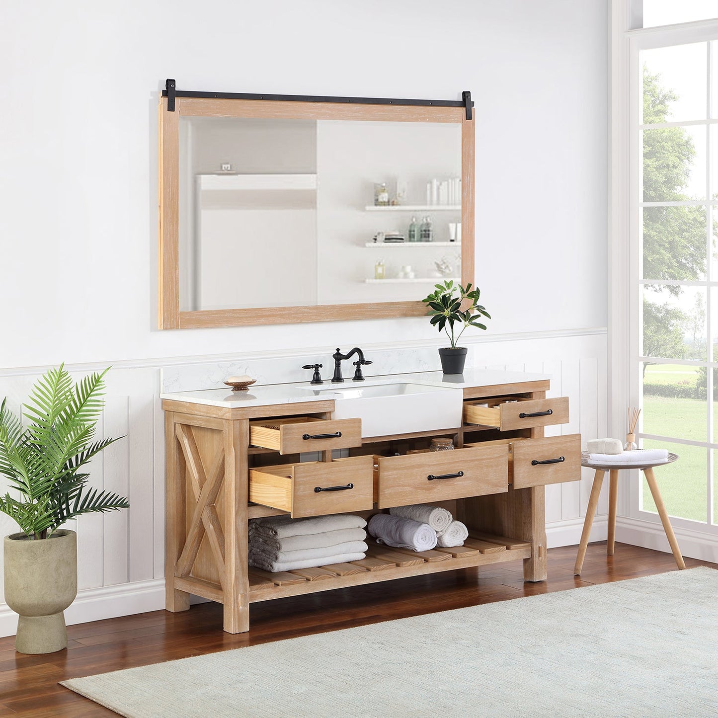 Villareal 60" Single Vanity in Weathered Pine with Composite Stone Top in White, White Farmhouse Basin