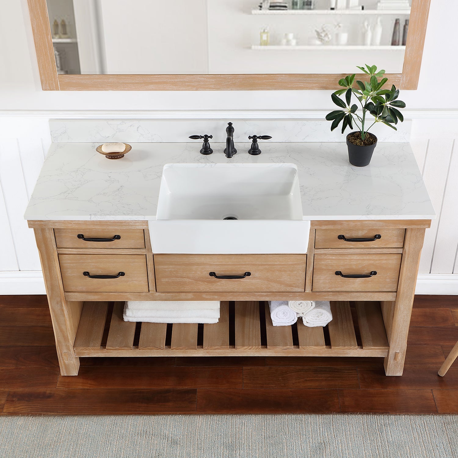 Villareal 60" Single Vanity in Weathered Pine with Composite Stone Top in White, White Farmhouse Basin