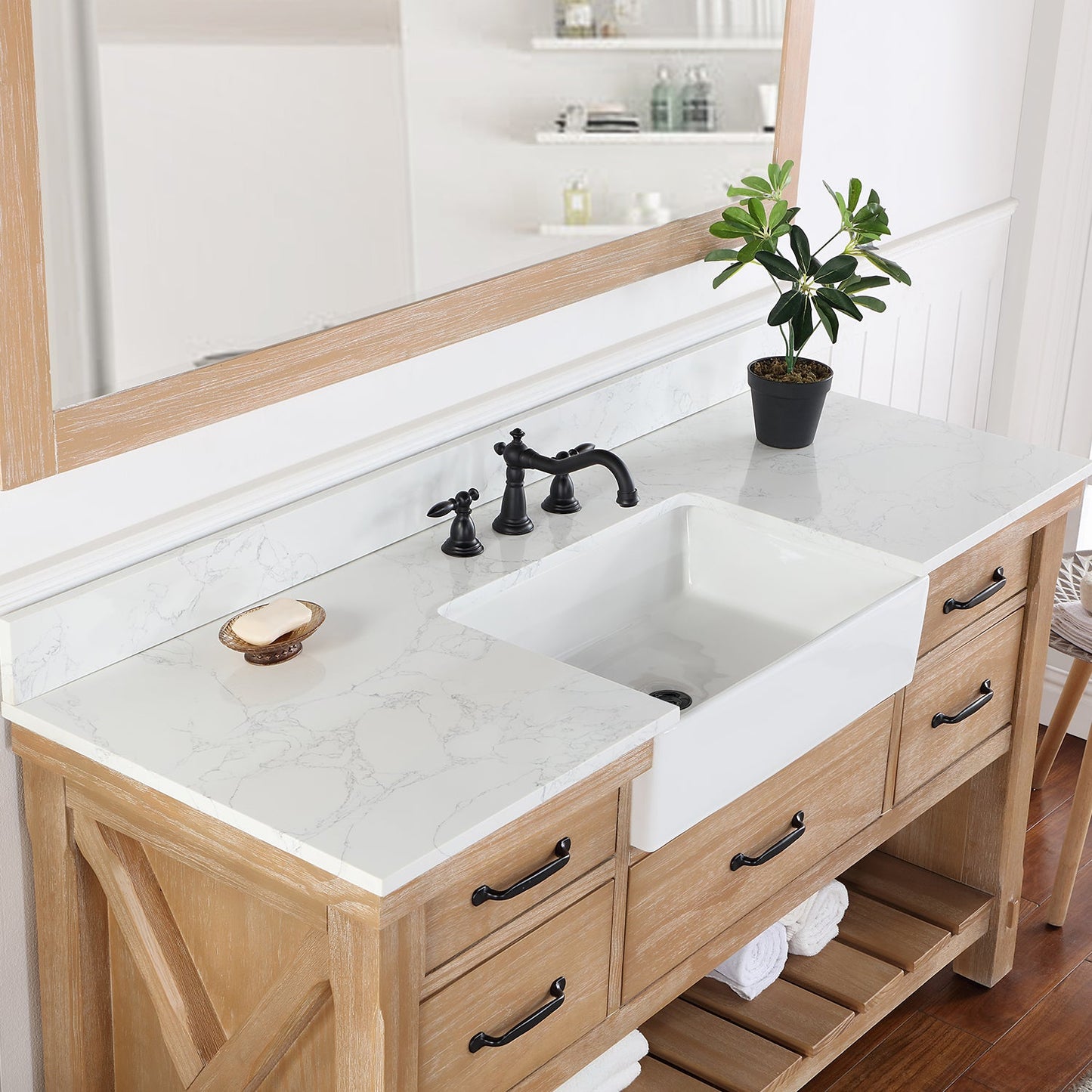 Villareal 60" Single Vanity in Weathered Pine with Composite Stone Top in White, White Farmhouse Basin