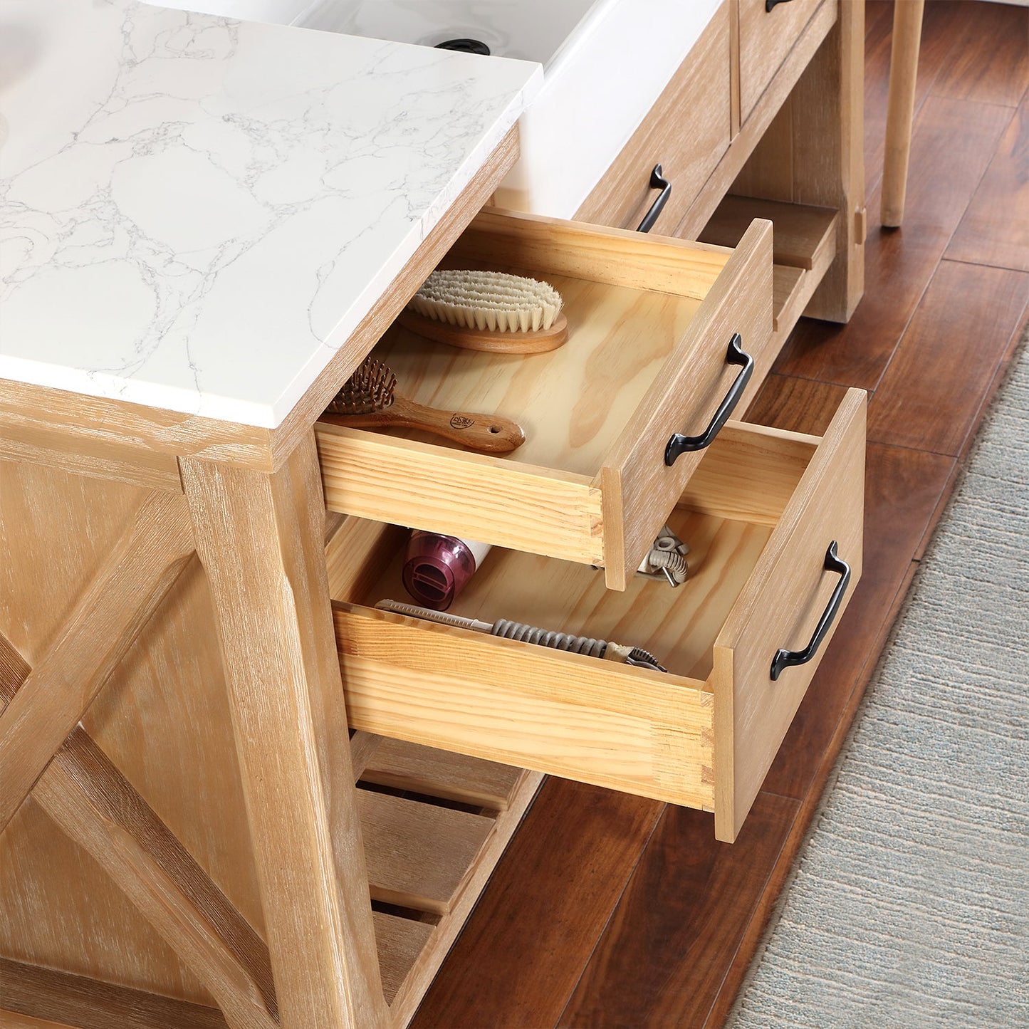 Villareal 60" Single Vanity in Weathered Pine with Composite Stone Top in White, White Farmhouse Basin