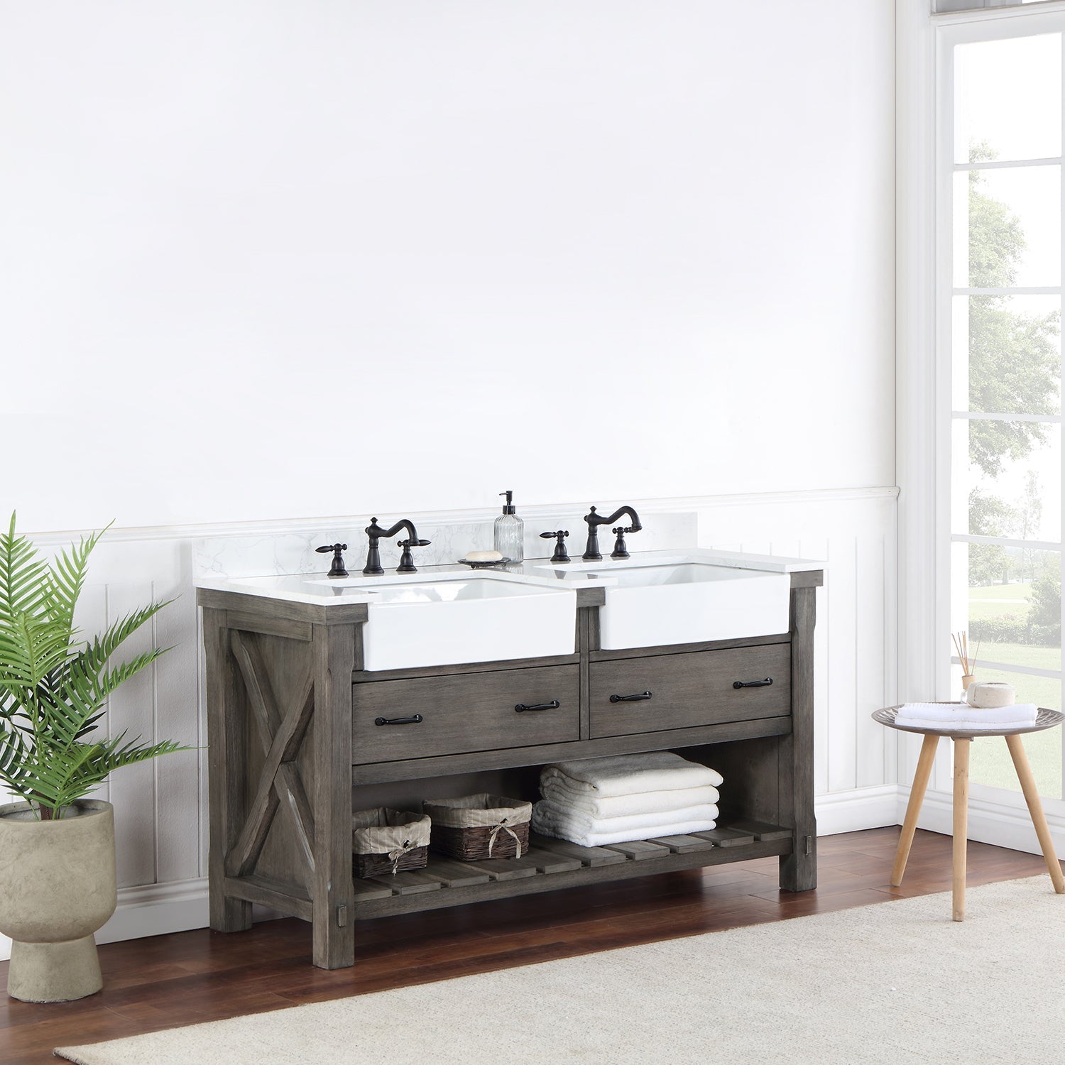 Villareal 60" Double Vanity in Classical Grey with Composite Stone Top in White, White Farmhouse Basin