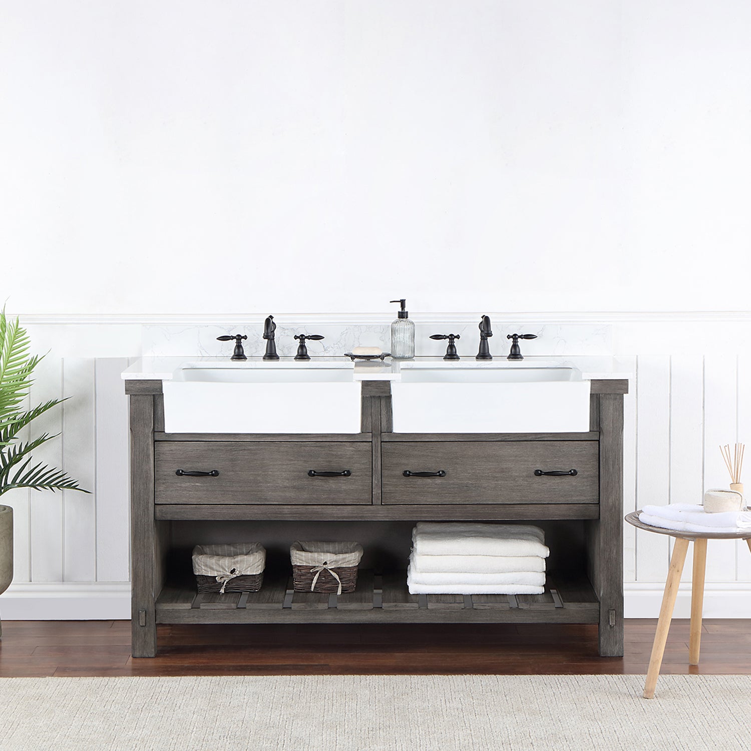 Villareal 60" Double Vanity in Classical Grey with Composite Stone Top in White, White Farmhouse Basin