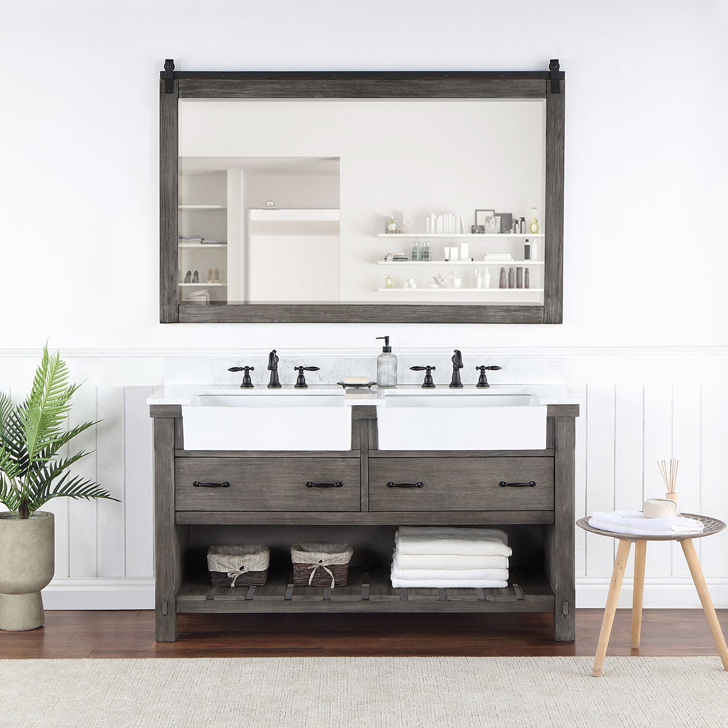 Villareal 60" Double Vanity in Classical Grey with Composite Stone Top in White, White Farmhouse Basin