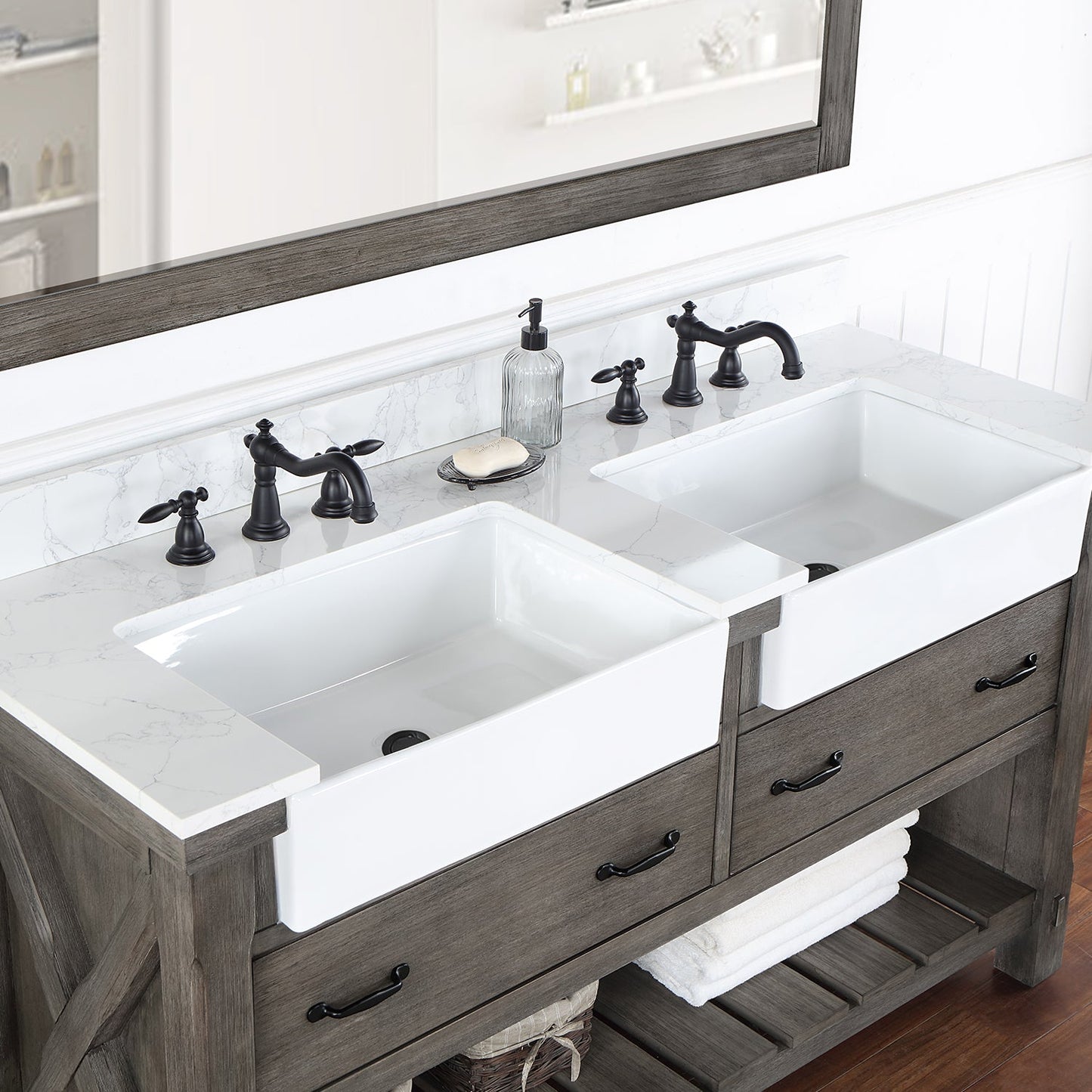 Villareal 60" Double Vanity in Classical Grey with Composite Stone Top in White, White Farmhouse Basin