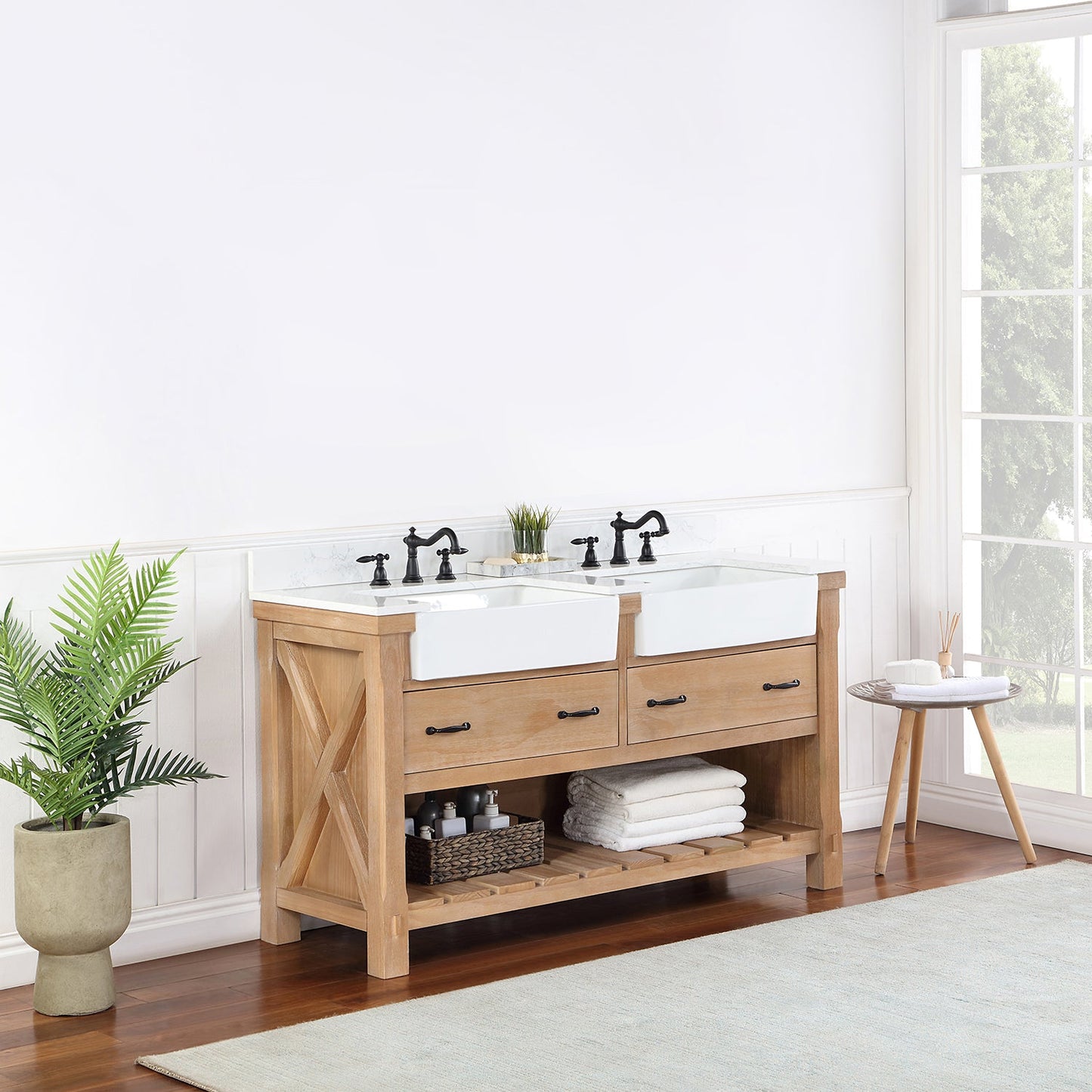 Villareal 60" Double Vanity in Weathered Pine with Composite Stone Top in White, White Farmhouse Basin