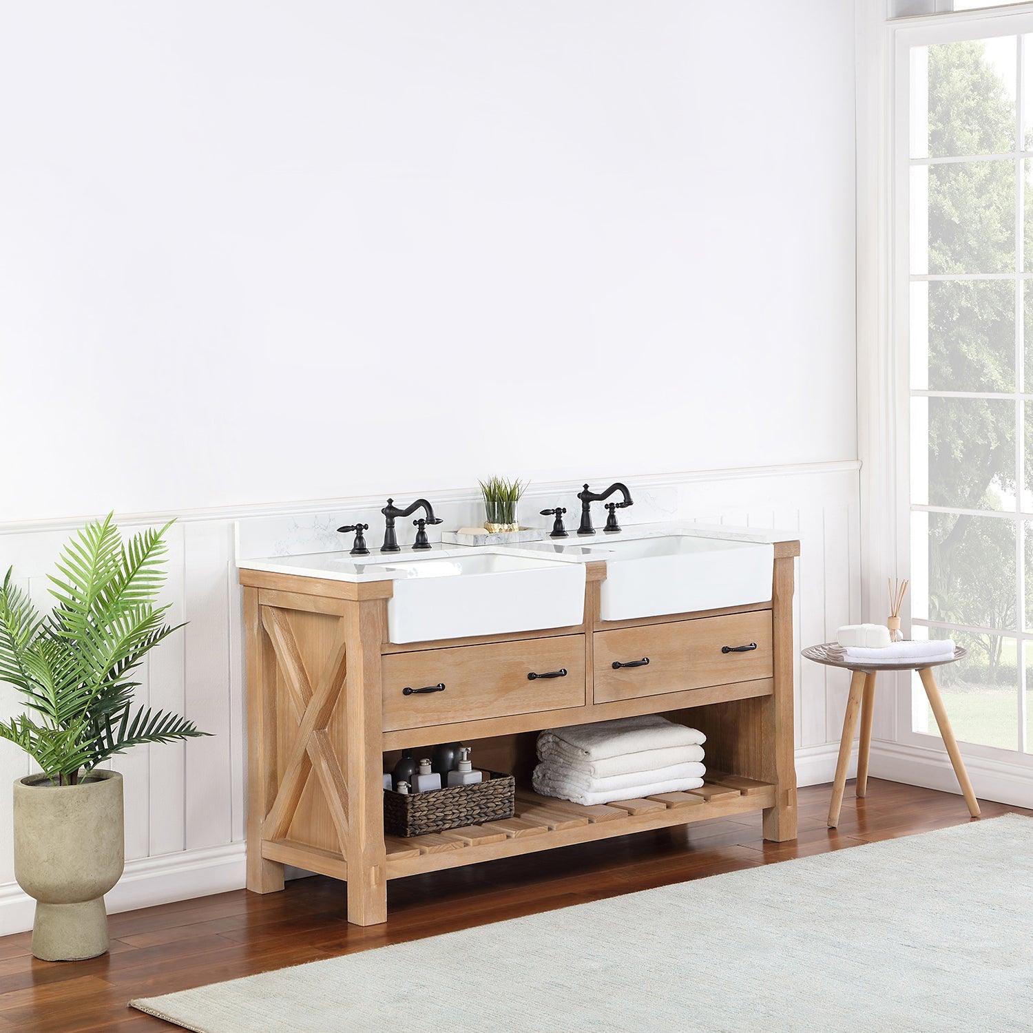 Villareal 60" Double Vanity in Weathered Pine with Composite Stone Top in White, White Farmhouse Basin