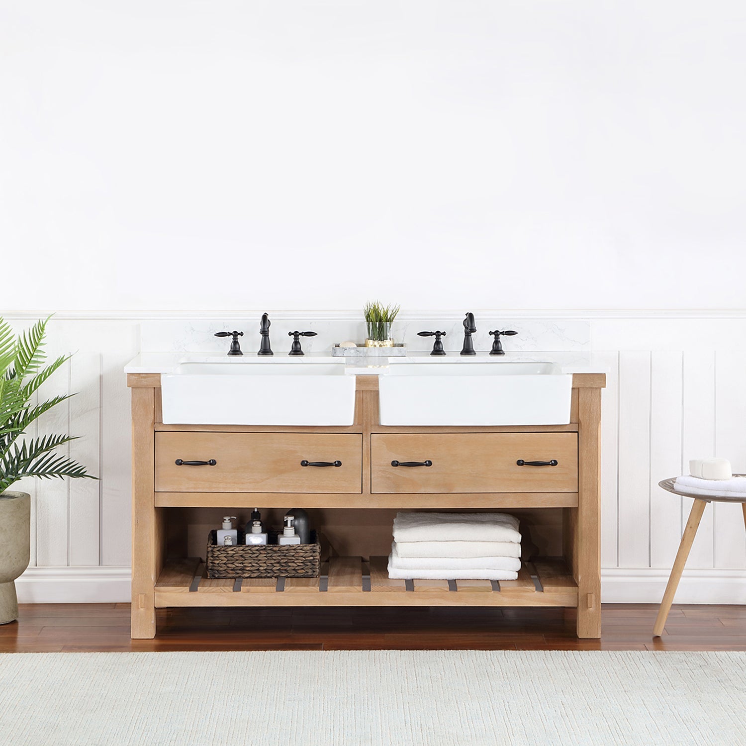 Villareal 60" Double Vanity in Weathered Pine with Composite Stone Top in White, White Farmhouse Basin