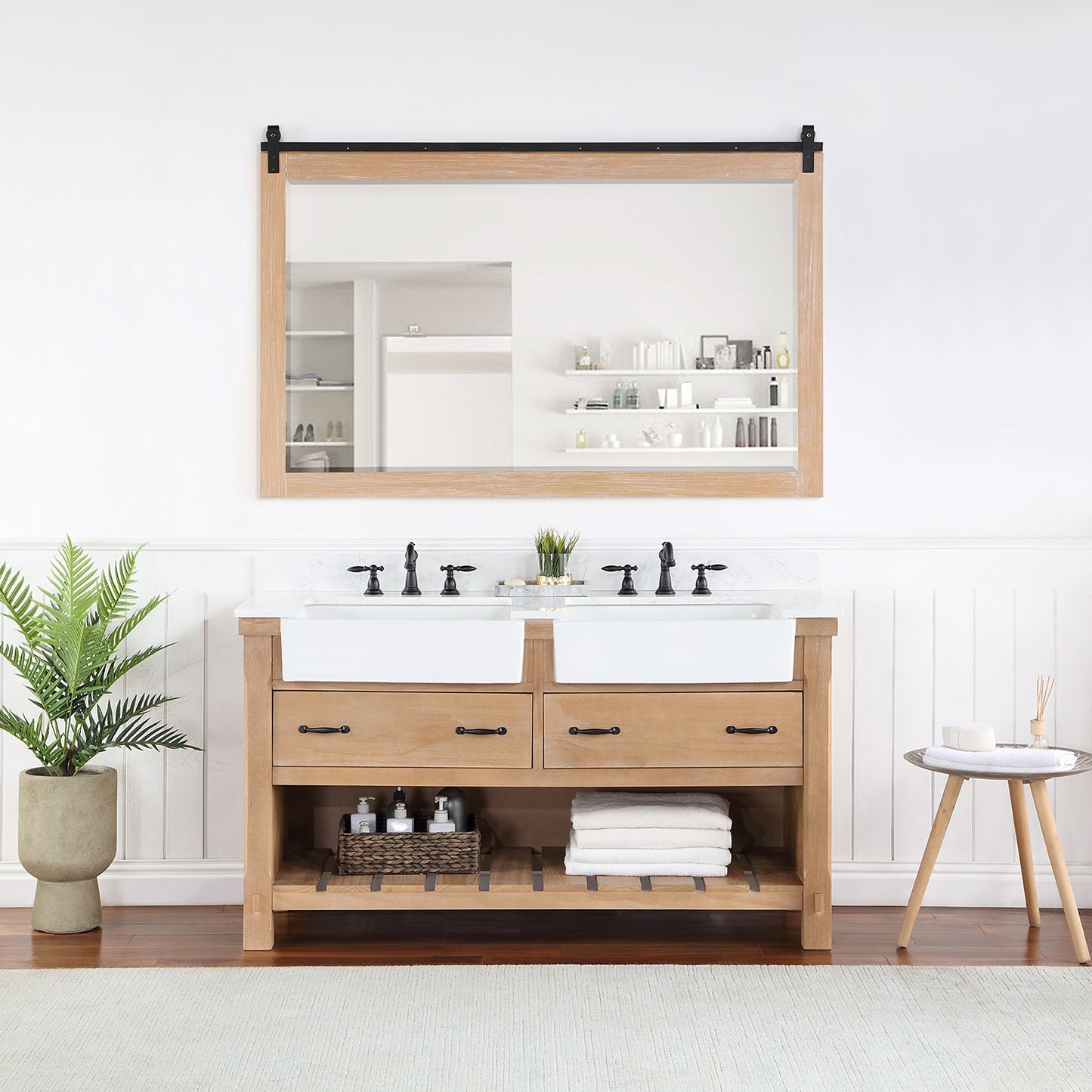 Villareal 60" Double Vanity in Weathered Pine with Composite Stone Top in White, White Farmhouse Basin