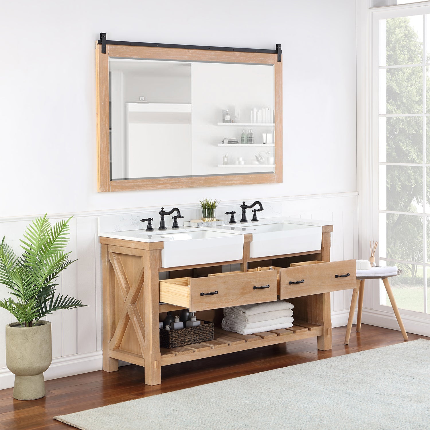 Villareal 60" Double Vanity in Weathered Pine with Composite Stone Top in White, White Farmhouse Basin