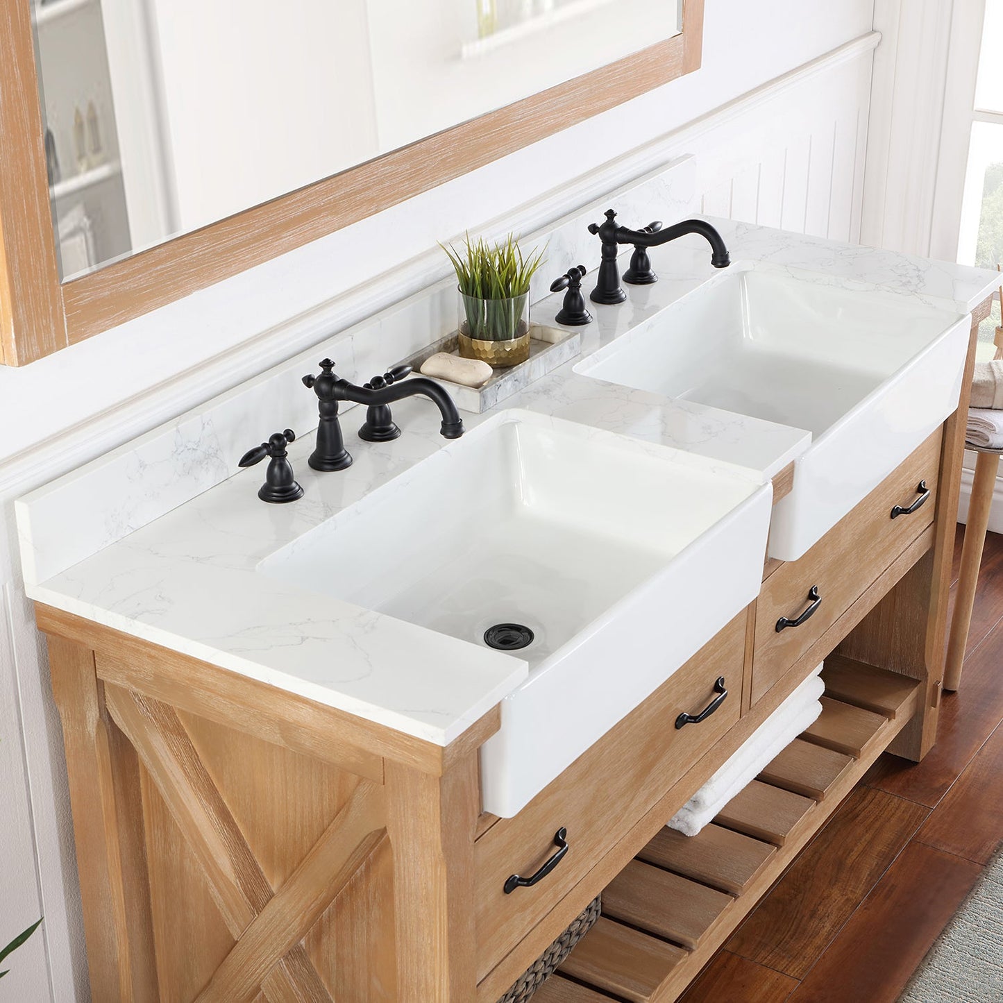 Villareal 60" Double Vanity in Weathered Pine with Composite Stone Top in White, White Farmhouse Basin