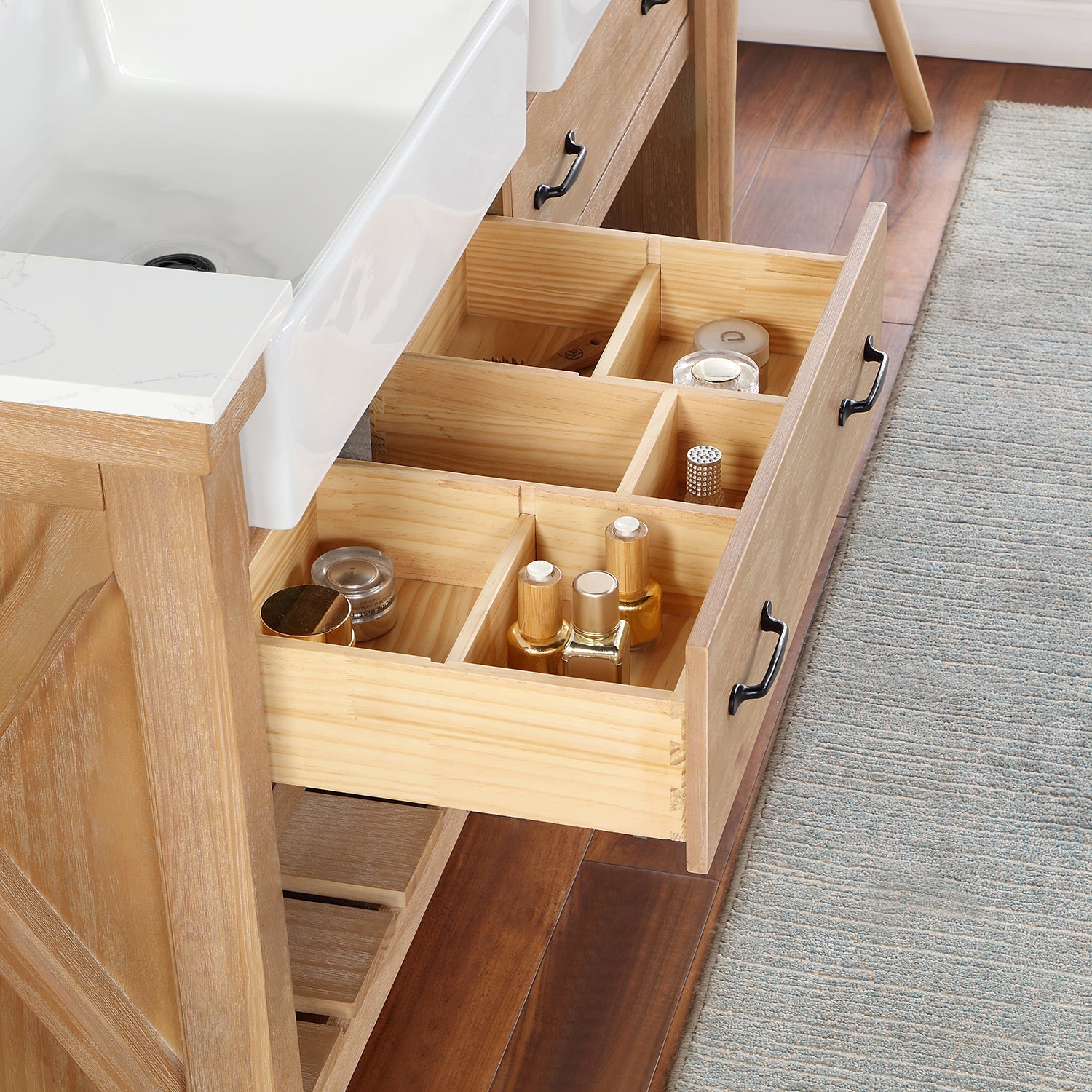 Villareal 60" Double Vanity in Weathered Pine with Composite Stone Top in White, White Farmhouse Basin