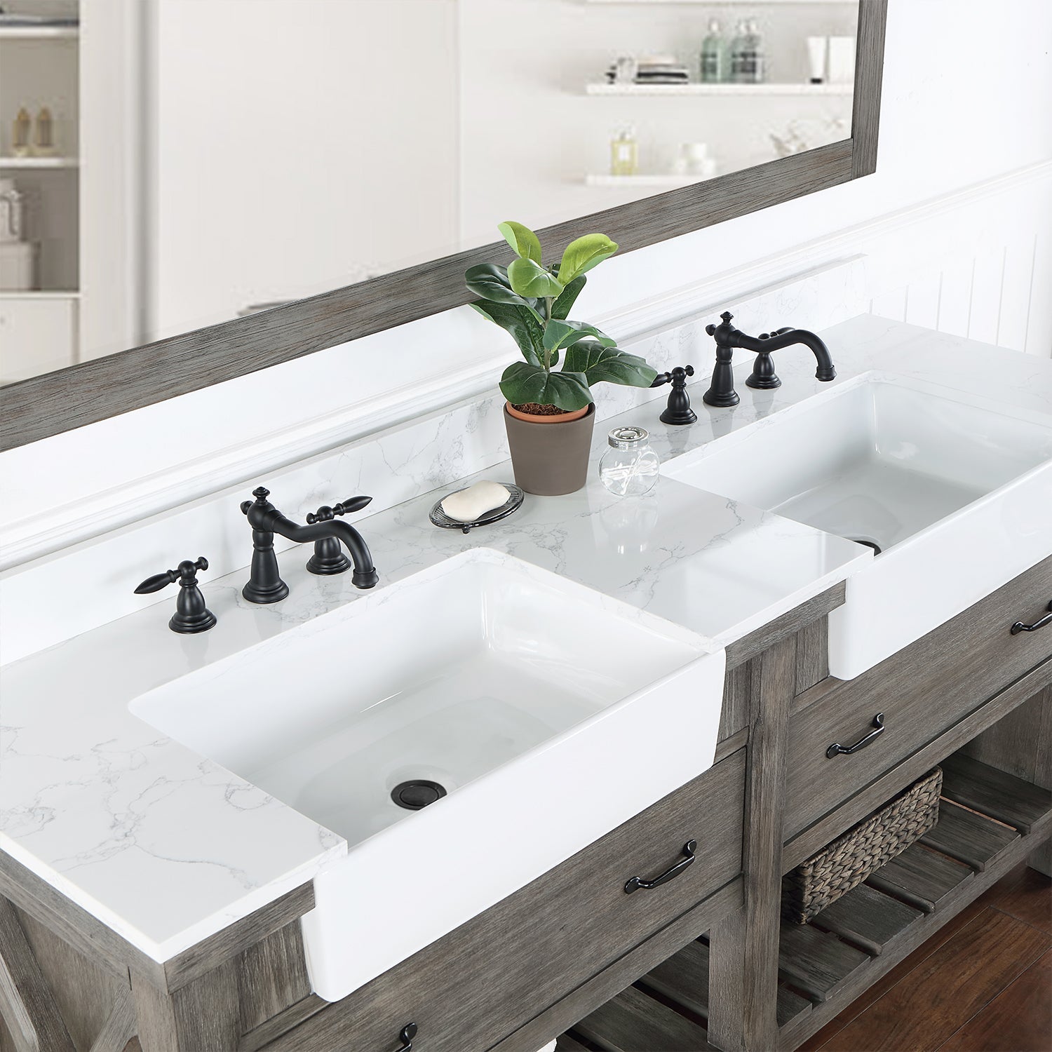 Villareal 72" Double Vanity in Classical Grey with Composite Stone Top in White, White Farmhouse Basin