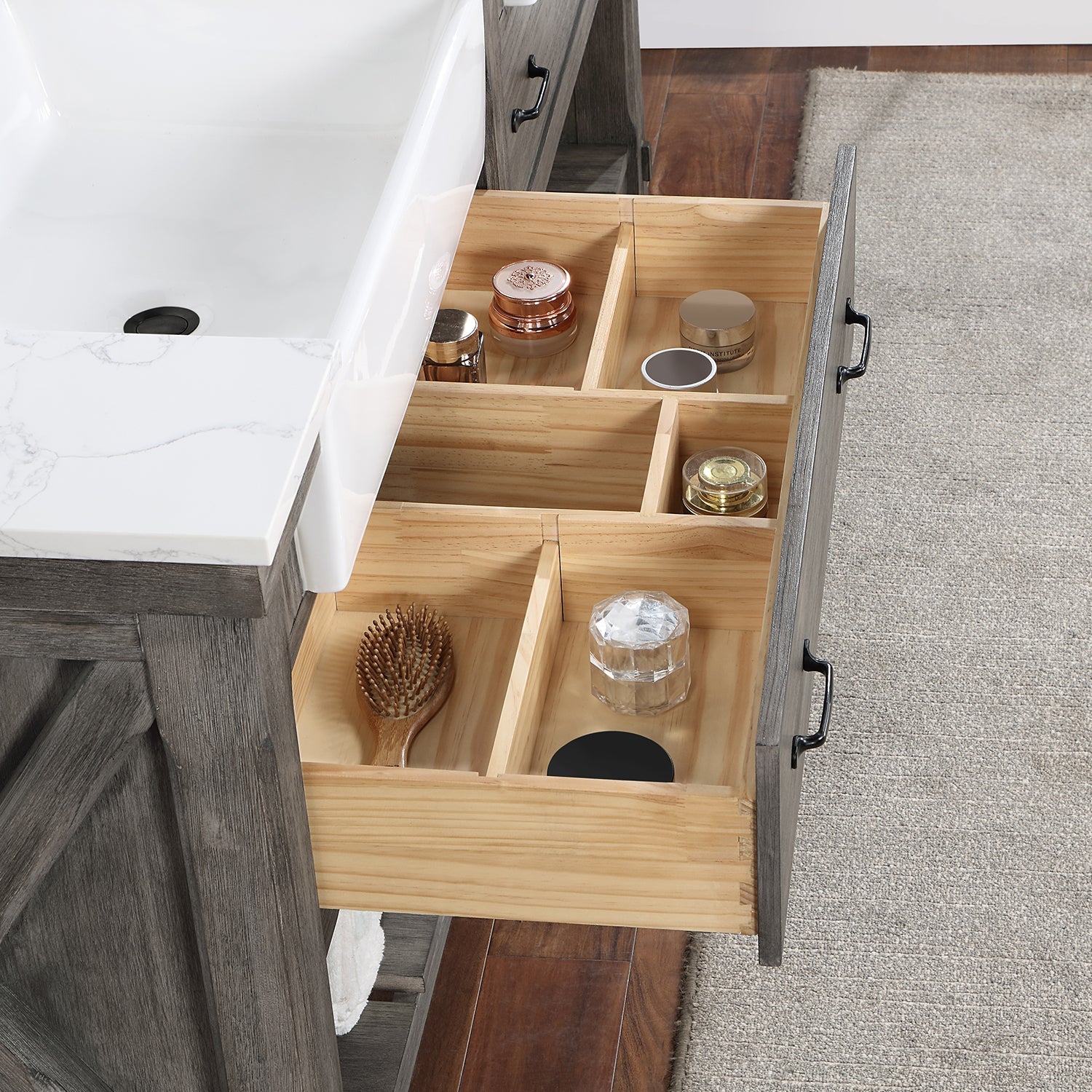 Villareal 72" Double Vanity in Classical Grey with Composite Stone Top in White, White Farmhouse Basin