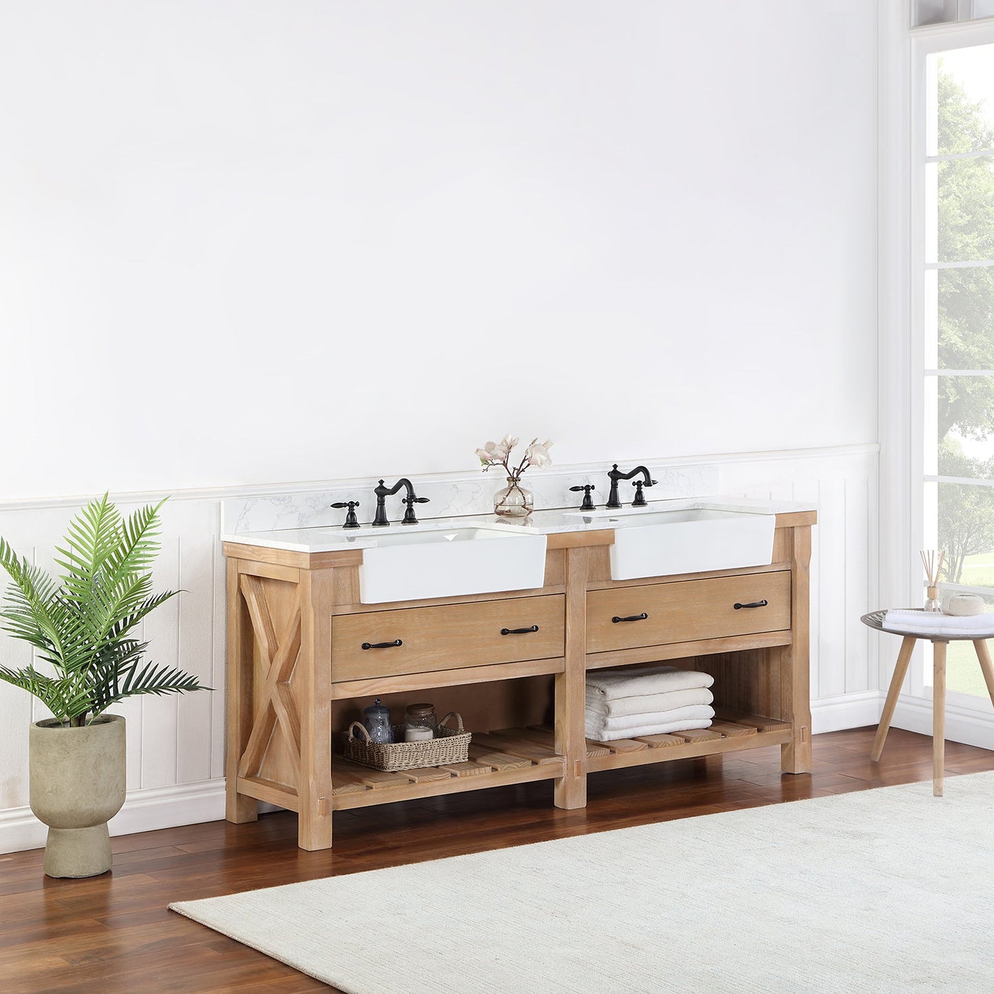 Villareal 72" Double Vanity in Weathered Pine with Composite Stone Top in White, White Farmhouse Basin