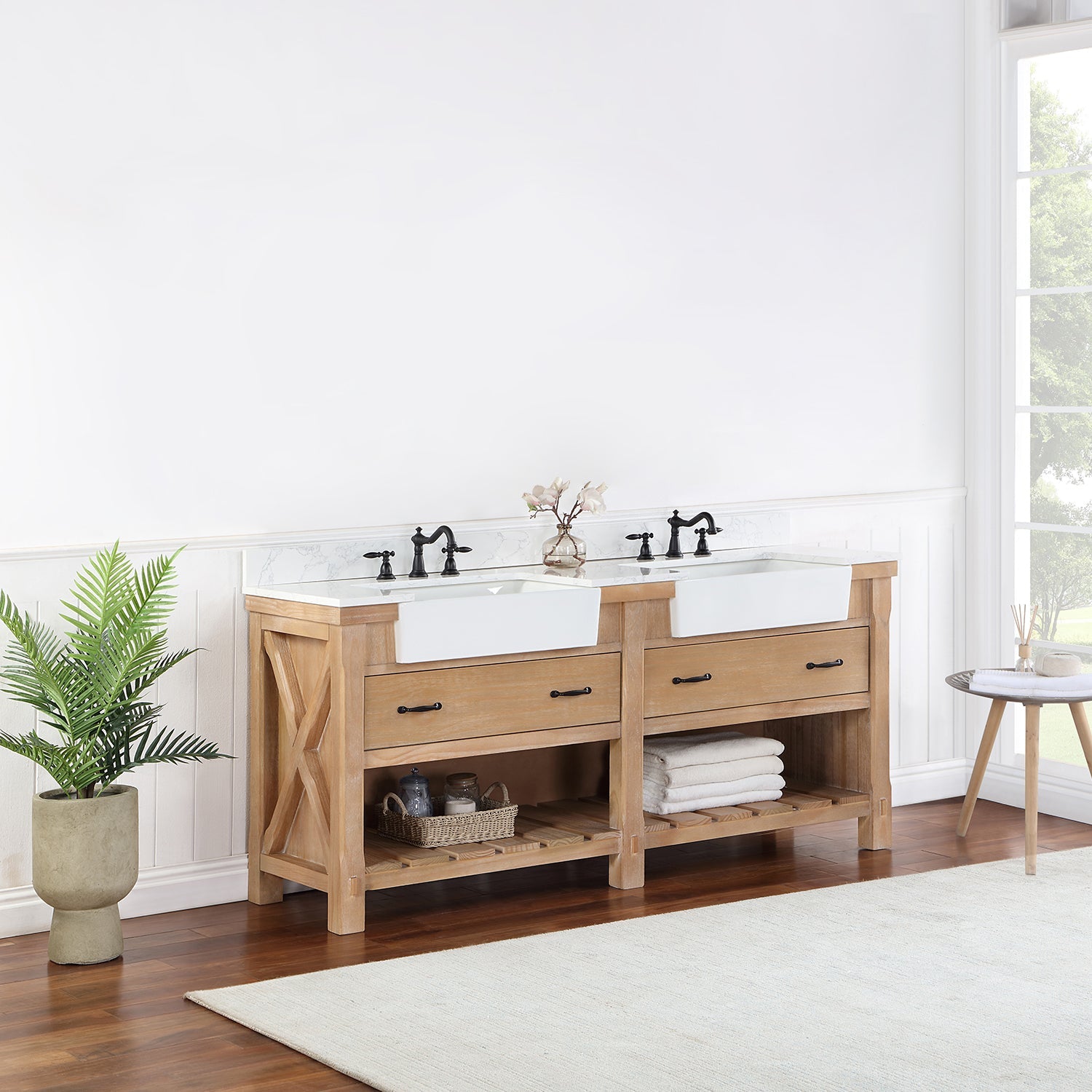 Villareal 72" Double Vanity in Weathered Pine with Composite Stone Top in White, White Farmhouse Basin